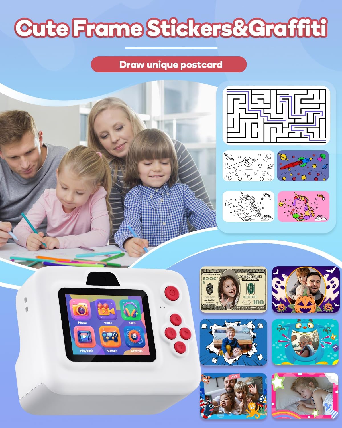 Instant Print Camera for Kids,2.4 Inch Screen Kids Instant Cameras, Christmas Birthday Gifts for Girls Age 3-12, Portable Toddler Toy for 3 4 5 6 7 8 9 10 Year Old Girls Boys White