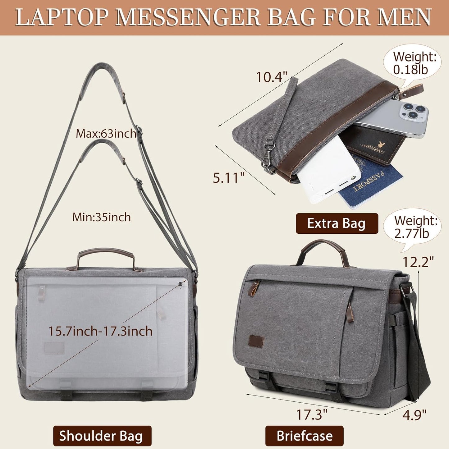 17.3 Inch Messenger Bag for Men: 2PCS Laptop Bag PU Leather Canvas Work Briefcase Large Office