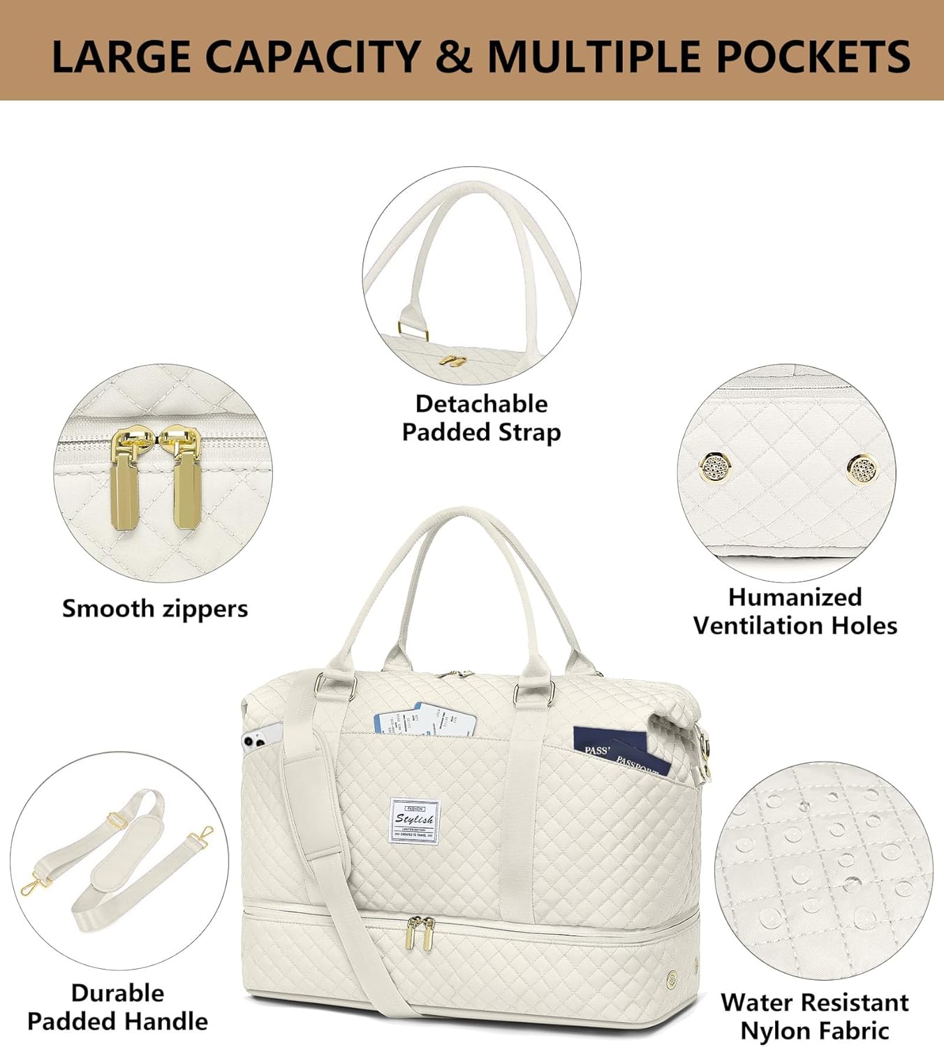 Women Weekender Travel Duffle Bag: Travel Duffel Overnight Bags with Shoe Compartment Large Carry on Tote Bag Toiletry Bag Weekend Yoga Gym Hospital Bags for Labor and Delivery with Wet Pocket Beige