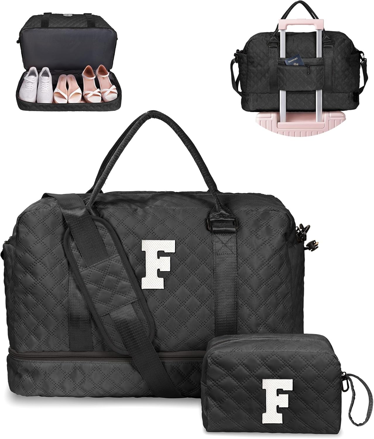 Gifts for Teen Girls-Initial Duffle Bag with Shoe Compartment, Personalized Weekender Bag, Monogram Overnight Bag, Letter Travel Bag with Makeup Bag，Personalized Gifts (Letter F)