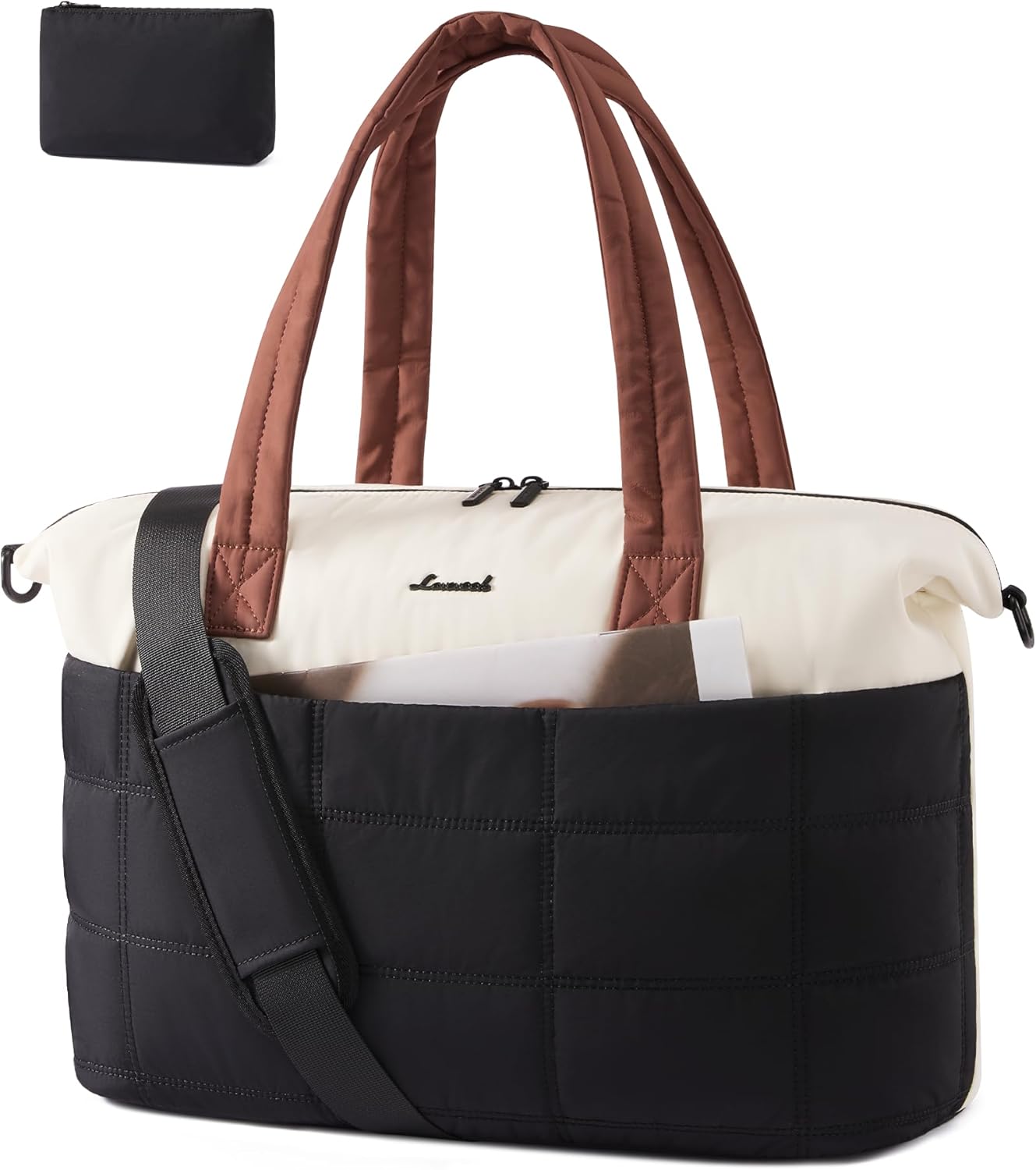 LOVEVOOK Quilted Duffle Bag for Travel,36L Gym Bag for Women with Wet Pocket,Water Resistant Weekender Overnight Bag Tote Bag for Women with Laptop Compartment(Black White Brown)