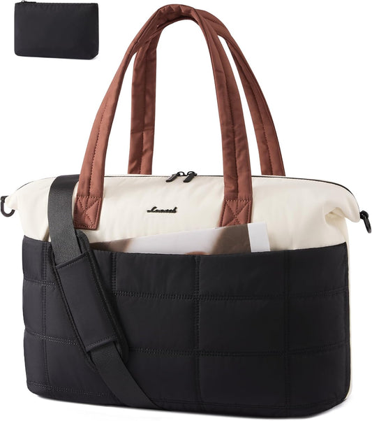 LOVEVOOK Quilted Duffle Bag for Travel,36L Gym Bag for Women with Wet Pocket,Water Resistant Weekender Overnight Bag Tote Bag for Women with Laptop Compartment(Black White Brown)
