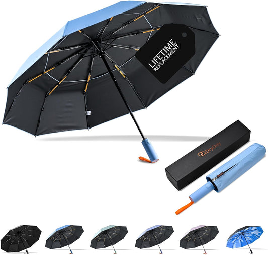 DryDay Travel Umbrellas for Rain - Large Windproof Double Canopy Umbrella, 10 Durable Ribs, Strong Frame, Auto Open Close Ergonomic Handle, Compact Waterproof Umbrella for Women & Men