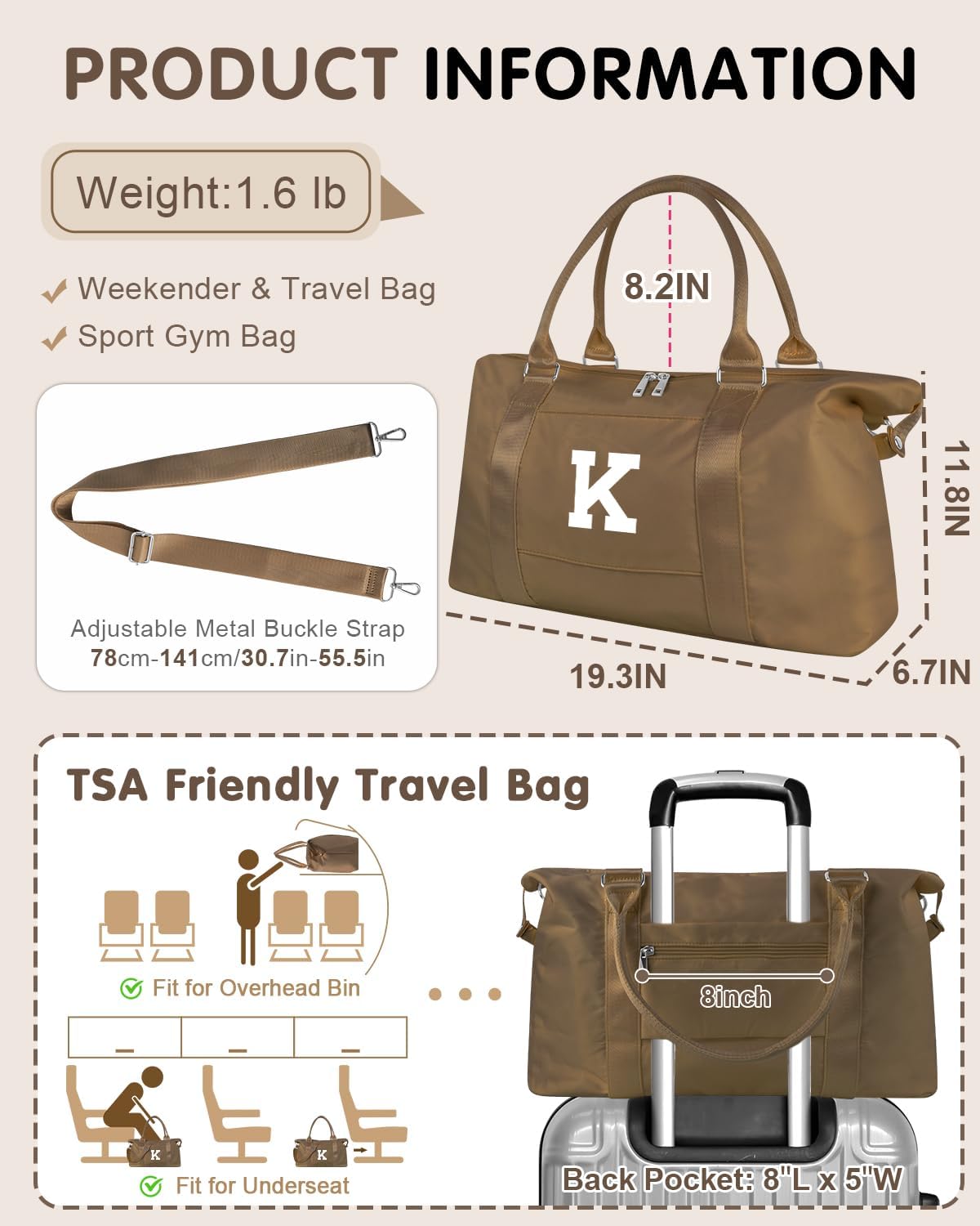 Birthday Graduation Gifts for Daughter,Initial Travel Duffel Bag Sports Gym Bag for Girls Teen Kids Birthday Gifts,Personalized Weekender Bag Carry On Tote Bags Cute Overnight Bag for Women(Brown, K)