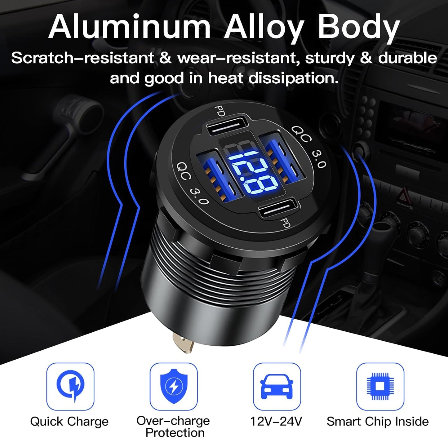 2 Pack 4 Port 12V Aluminum Car Charger - 78W Dual PD & QC Multiple USB Port Socket with Voltmeter, USB C Outlet, 12 Volt Cigarette Outlet Replacement for Marine Boat RV Truck Golf Cart Bus