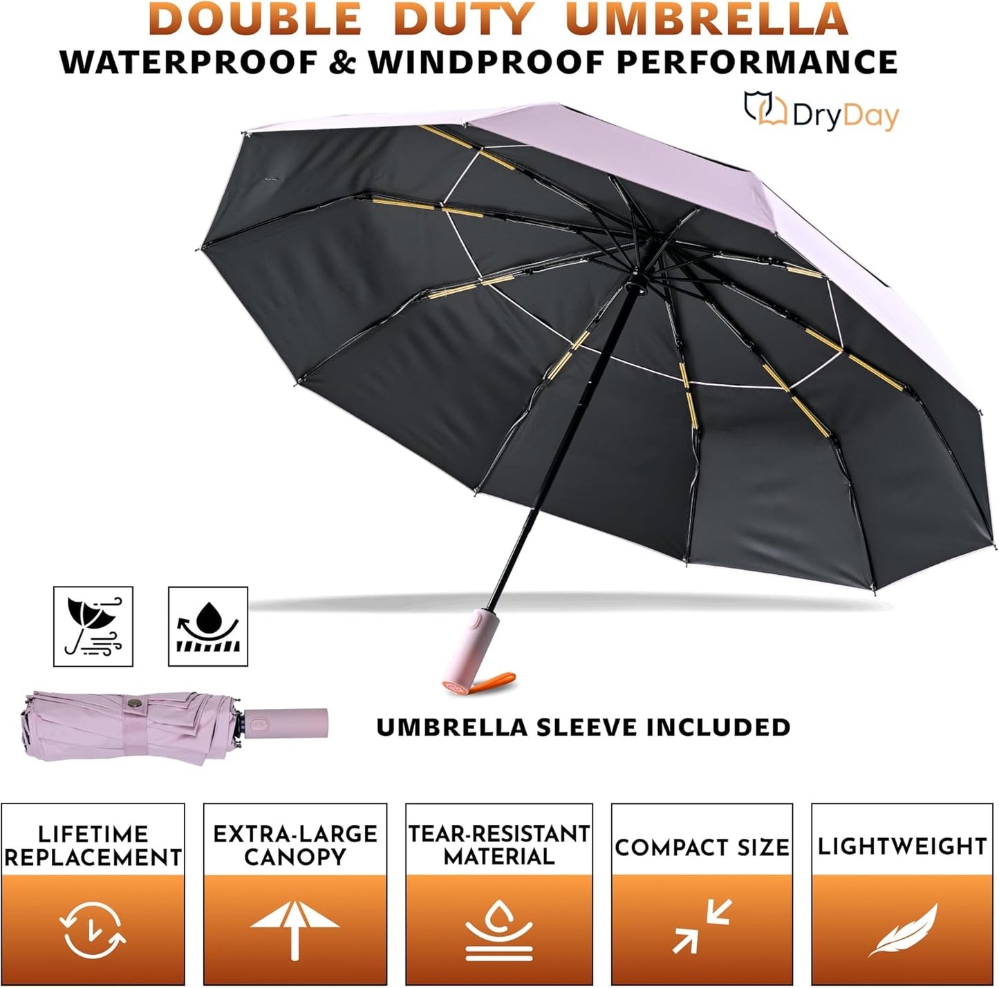 DryDay Travel Umbrellas for Rain - Large Windproof Double Canopy Umbrella, 10 Durable Ribs, Strong Frame, Auto Open Close Ergonomic Handle, Compact Waterproof Umbrella for Women & Men
