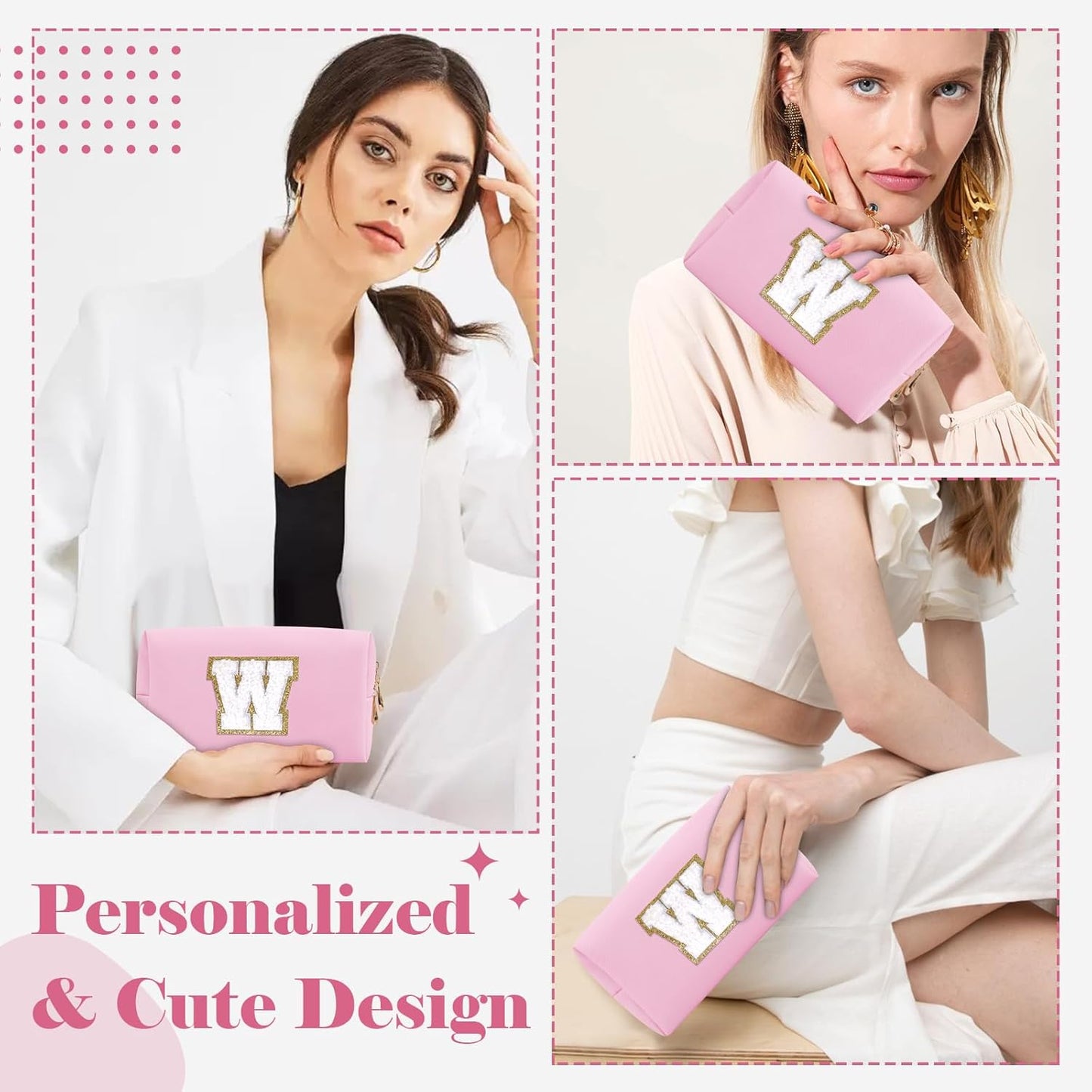 Personalized Initial A-Z Preppy Patch Makeup Bag,Small PU Chenille Letter Cosmetic Bag with Zipper for Teen Girls,Pink Cute Toiletry Organizer Bag,Monogram Makeup Case Gift for Women Girls,Letter W