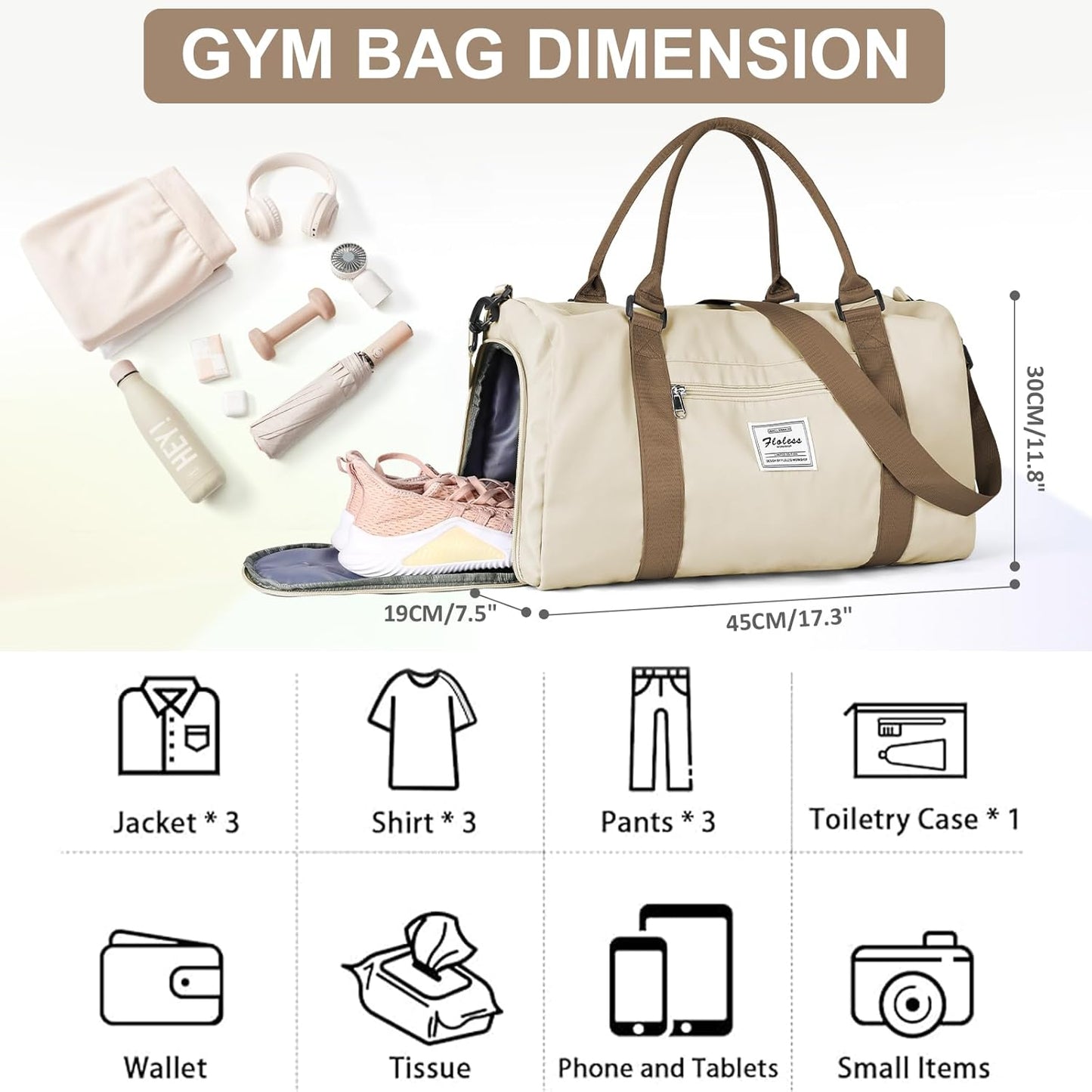 Gym Bag for Women with Shoes Compartment,Small Duffel Bag Sport bag with Toiletry Bag Overnight Travel Tote Bags Weekender Carry on Bags Personal Item Bag for Airlines Beige Brown