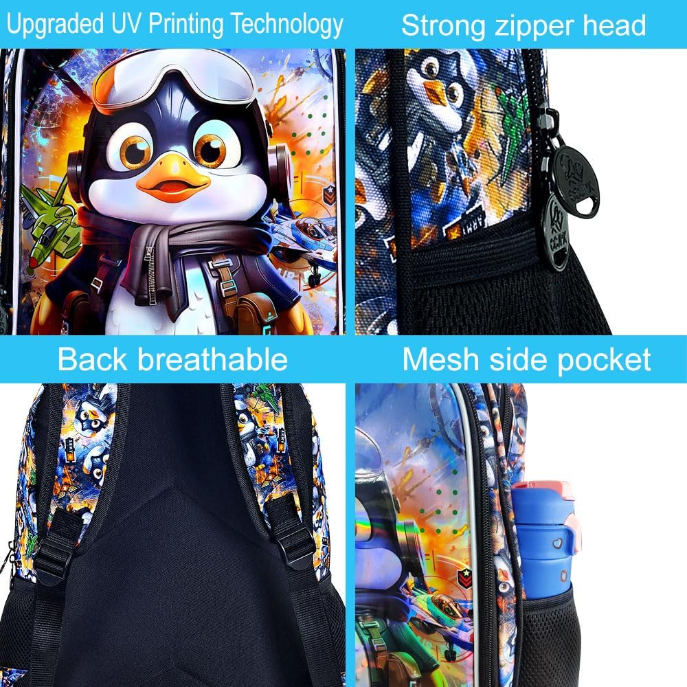16" Backpack for Boys, 3Pcs Kids Bookbag with Lunch Box, Penguin School Backpacks for Elementary Preschool Kindergarten (Black)
