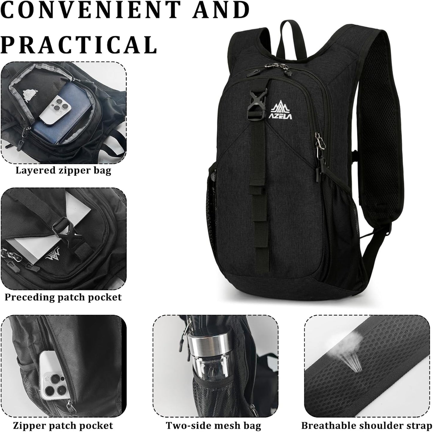 15L Small Hiking Backpack Foldable Ultralight Trekking Camping Outdoors Backpack for Women Men (black)