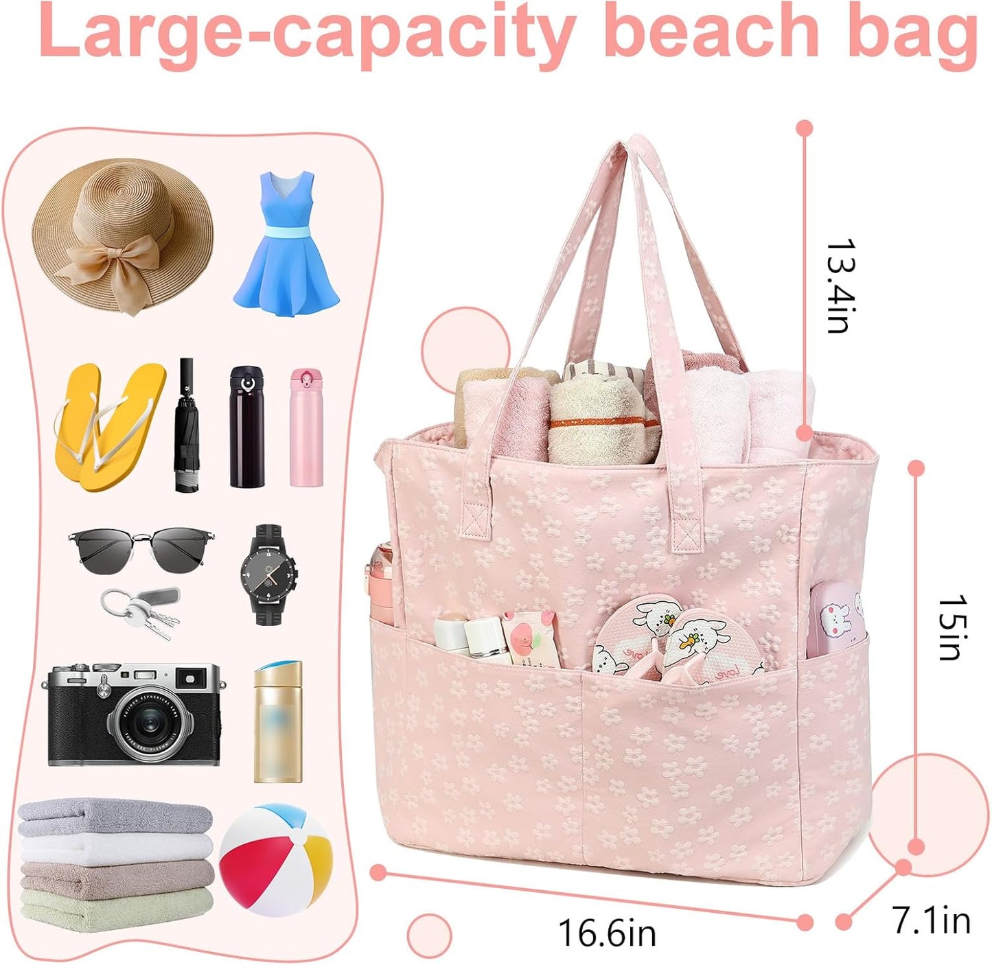 LEDAOU Large Beach Tote Bag Women Waterproof Sandproof Zipper Beach Tote Bag for Pool Gym Grocery Travel with Wet Pocket