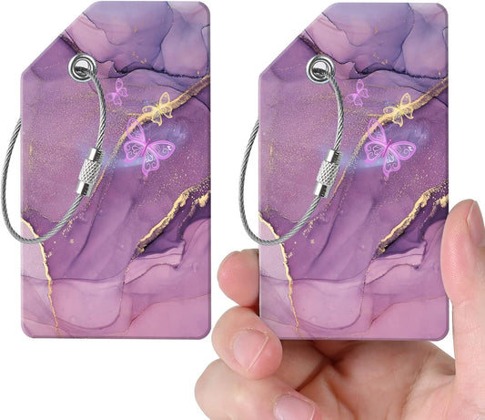 2 Luggage Tags, (1" Smaller Than Traditional) Perfect for Quick Luggage Identification with Stainless Steel Ring and Address Card for Travel and Luggage (Purple Butterfly)