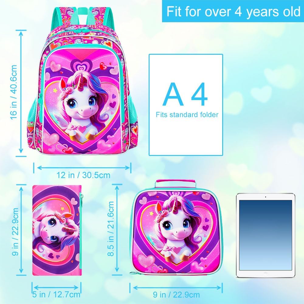 16" Backpack for Girls Boys 4-8, 3Pcs Kids Bookbag Set with Lunch Box, School Bag for Preschool Kindergarten