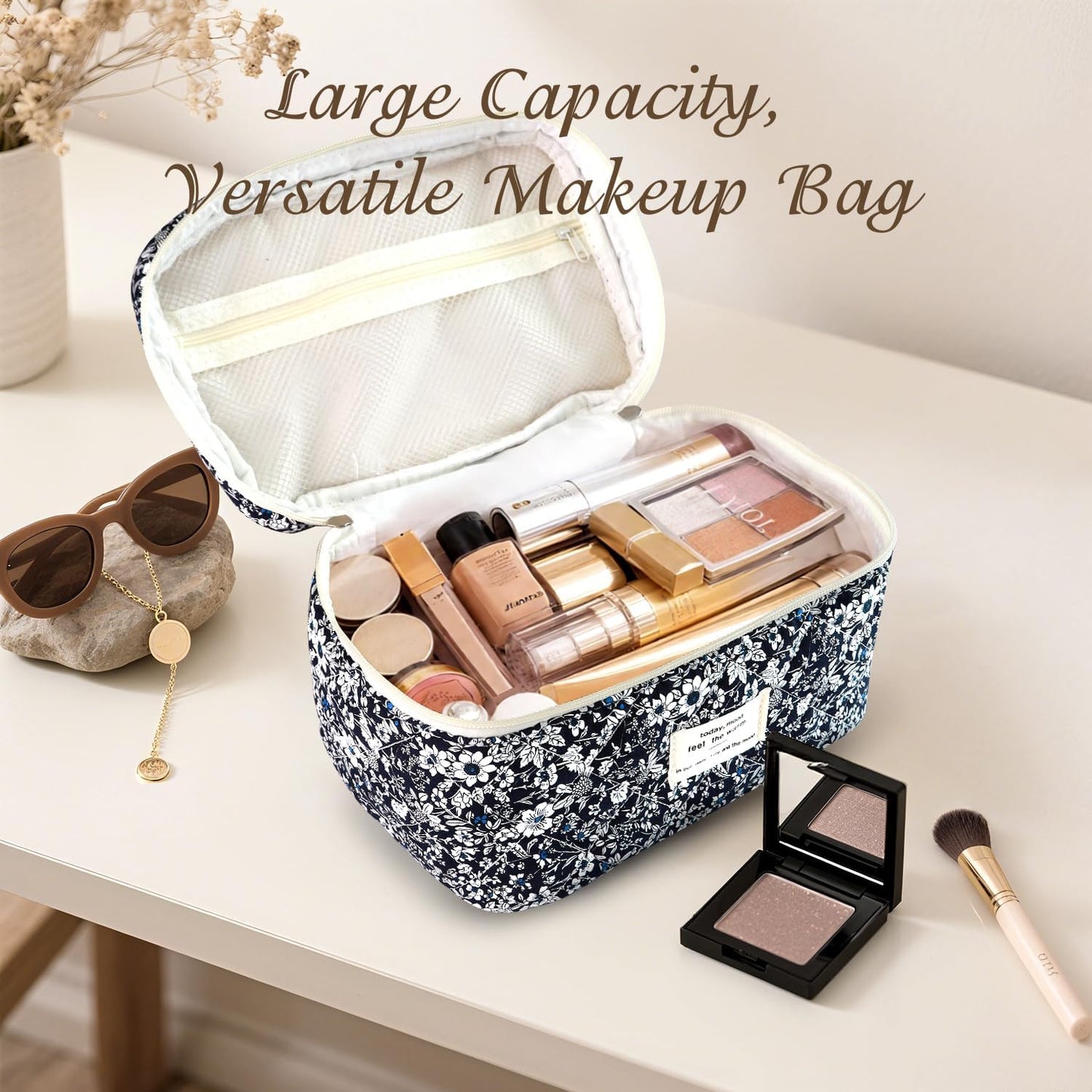 Large Travel Quilted Makeup Bag for Women, Floral Cotton Cosmetic Bag Cute Coquette Aesthetic Floral Toiletry Organizer Bag for Girls Little Black Rose Cosmetic Zipper Storage Bag