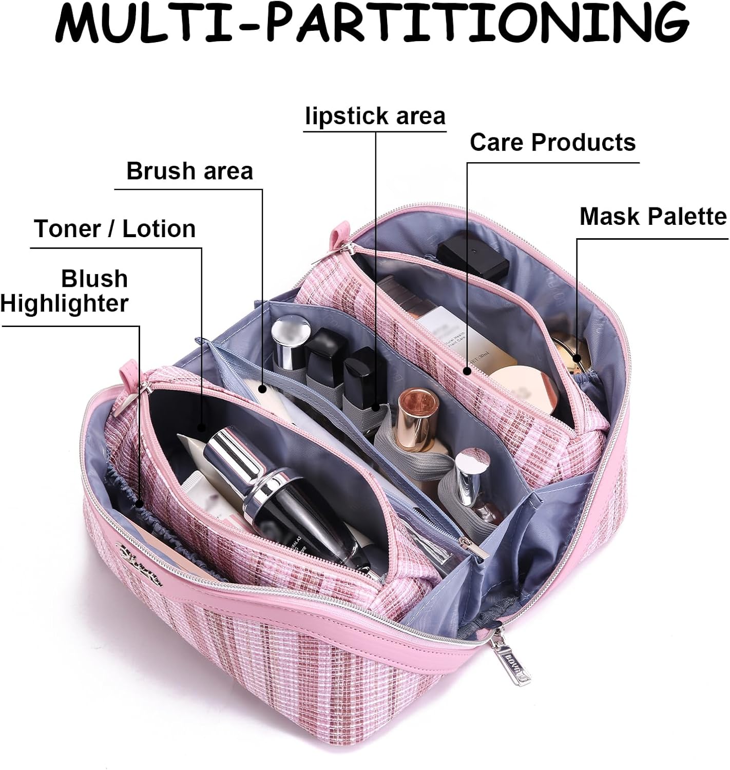 BOYATU Travel Makeup Bag for Women: Large Capacity Open Flat Make up Bag Set of 3 - Vegan Leather Cosmetic Bag with Compartments - Waterproof Toiletry Bag with Handle & Divider(I-1-Pink)