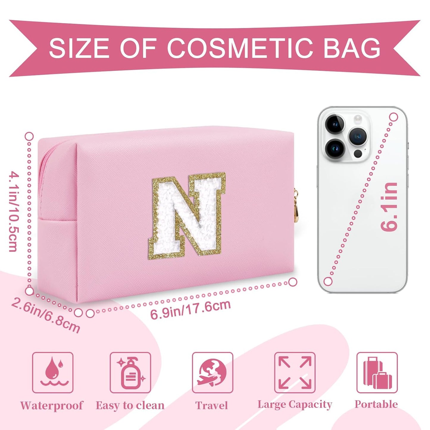 Personalized Initial A-Z Preppy Patch Makeup Bag,Small PU Chenille Letter Cosmetic Bag with Zipper for Teen Girls,Pink Cute Toiletry Organizer Bag,Monogram Makeup Case Gift for Women Girls,Letter N