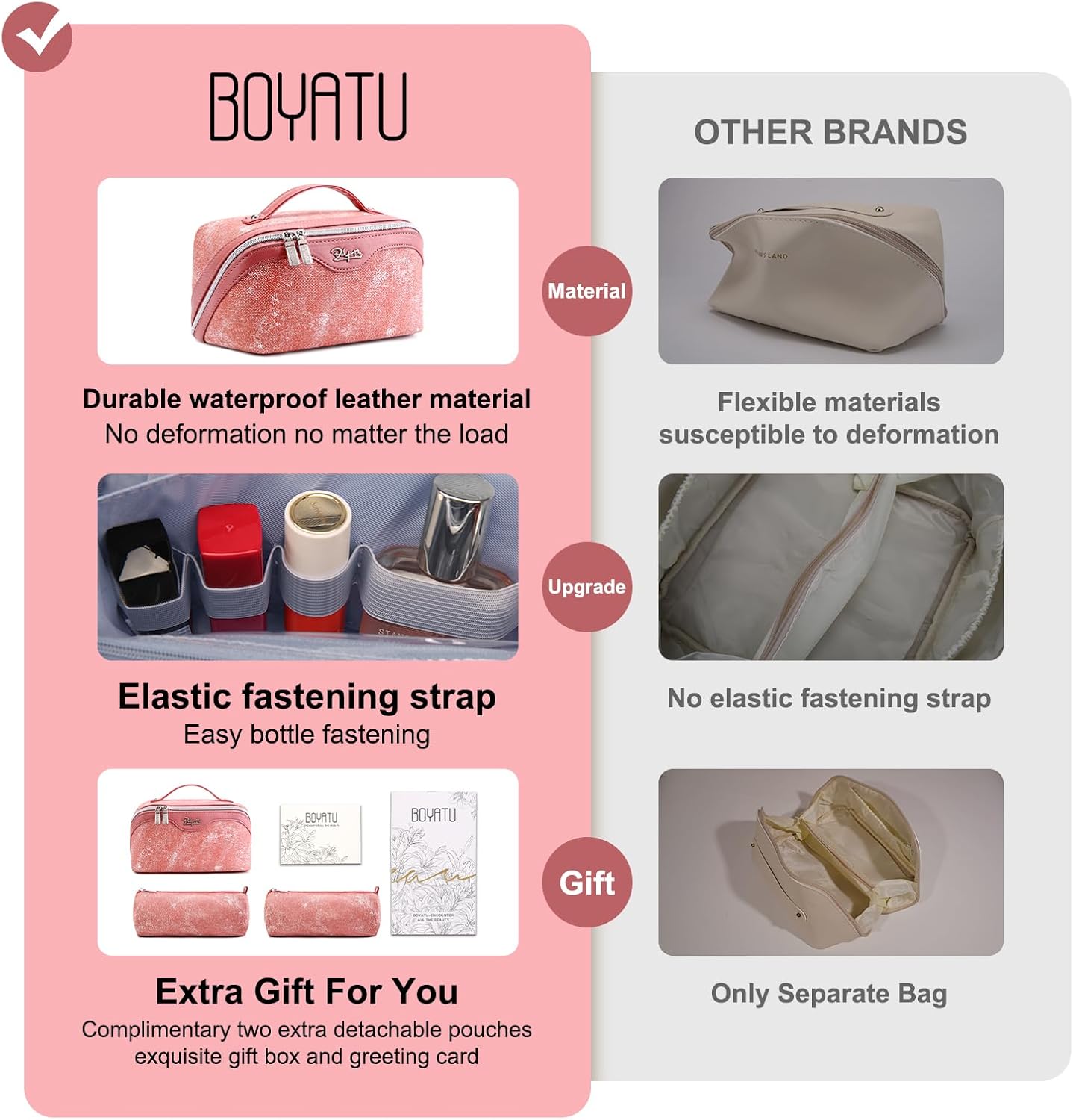 BOYATU Travel Makeup Bag Cosmetic Bags for Women: 3 Sets Large Capacity Make up Bag - Portable Toiletry Bags with Handle for Women(F-5-Rosy Red)