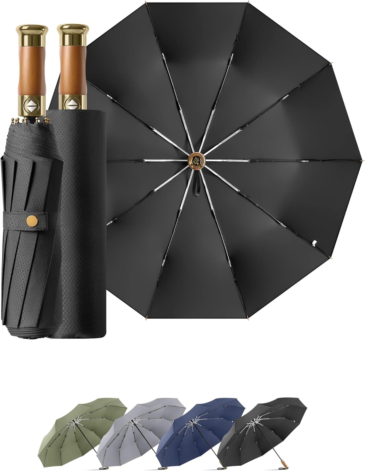 Rain Cats Large Umbrella 45 Inch diameter Umbrellas for rain Strong10 Ribs Fiberglass Windproof big Compact Automatic portable Folding Travel/Thick Fabric/Wood handle