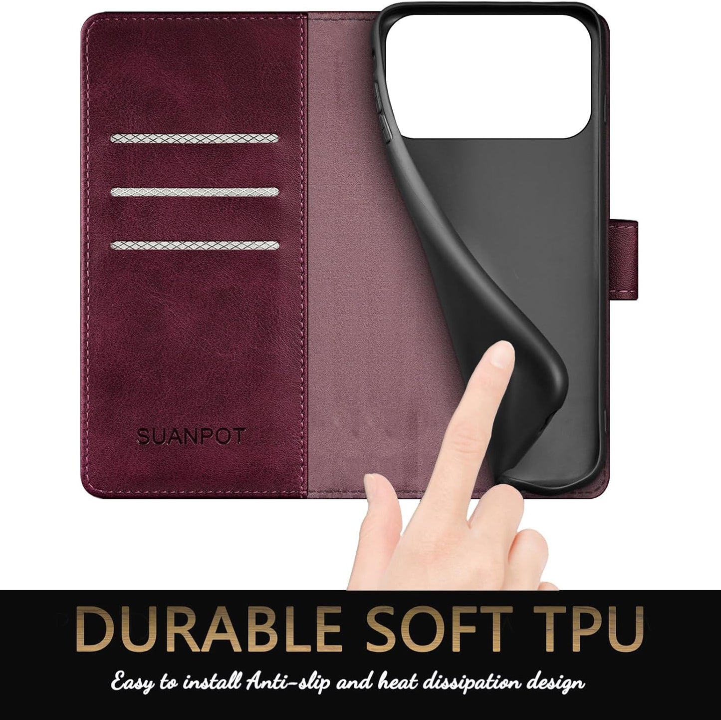 SUANPOT Compatible with iPhone 17 Pro Max 6.9" Wallet case with RFID Blocking Credit Card Holder,Flip Book PU Leather Protective Cover Women Men for Apple 17 Pro Max Phone case Wine Red
