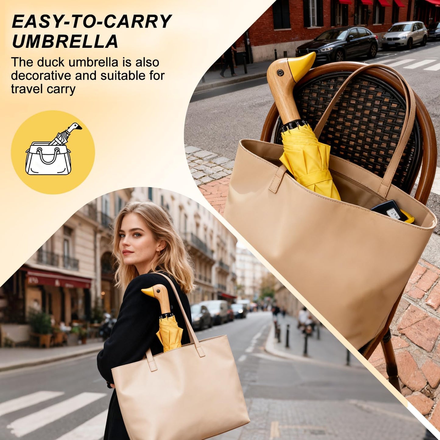 LEAGERA Cute Duck Head Umbrella - Auto Open & Manual Close Easy Folding Portable Lightweight Umbrella for Rain Wood Handle Duck Gifts