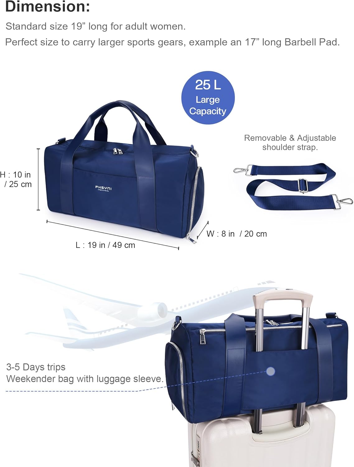 Gym Bag for Women and Men with Shoe Compartment & Wet Pocket - Duffle Bag for Travel Sports Fitness Workout Athletic, 19"-Medium, Navy Blue