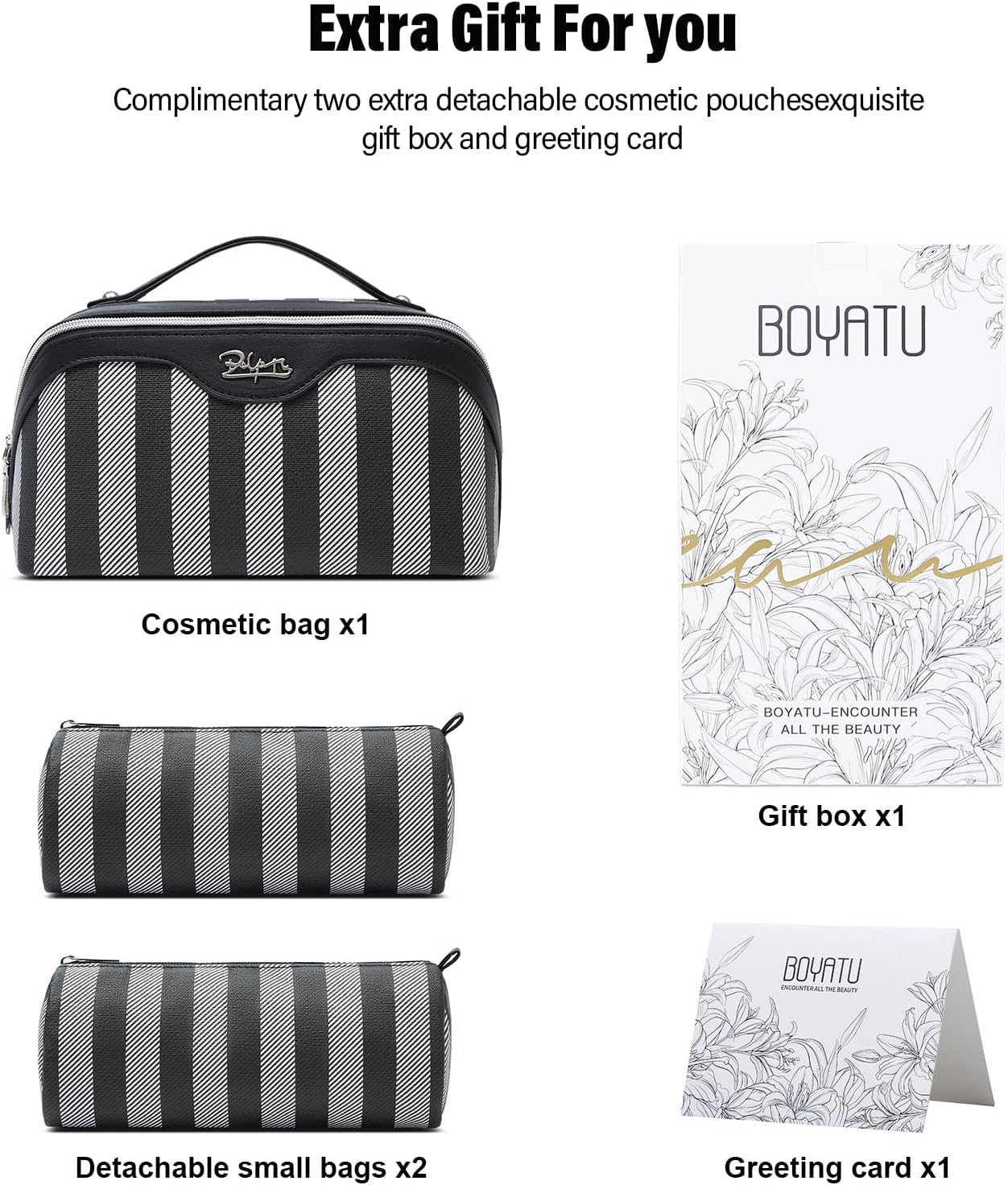 BOYATU Travel Makeup Bag for Women: Large Cosmetic Bag Set of 3 - PU Leather Make up Bag with Compartments - Compact Waterproof Toiletry Bag with Divider & Handle (B-4-Black)