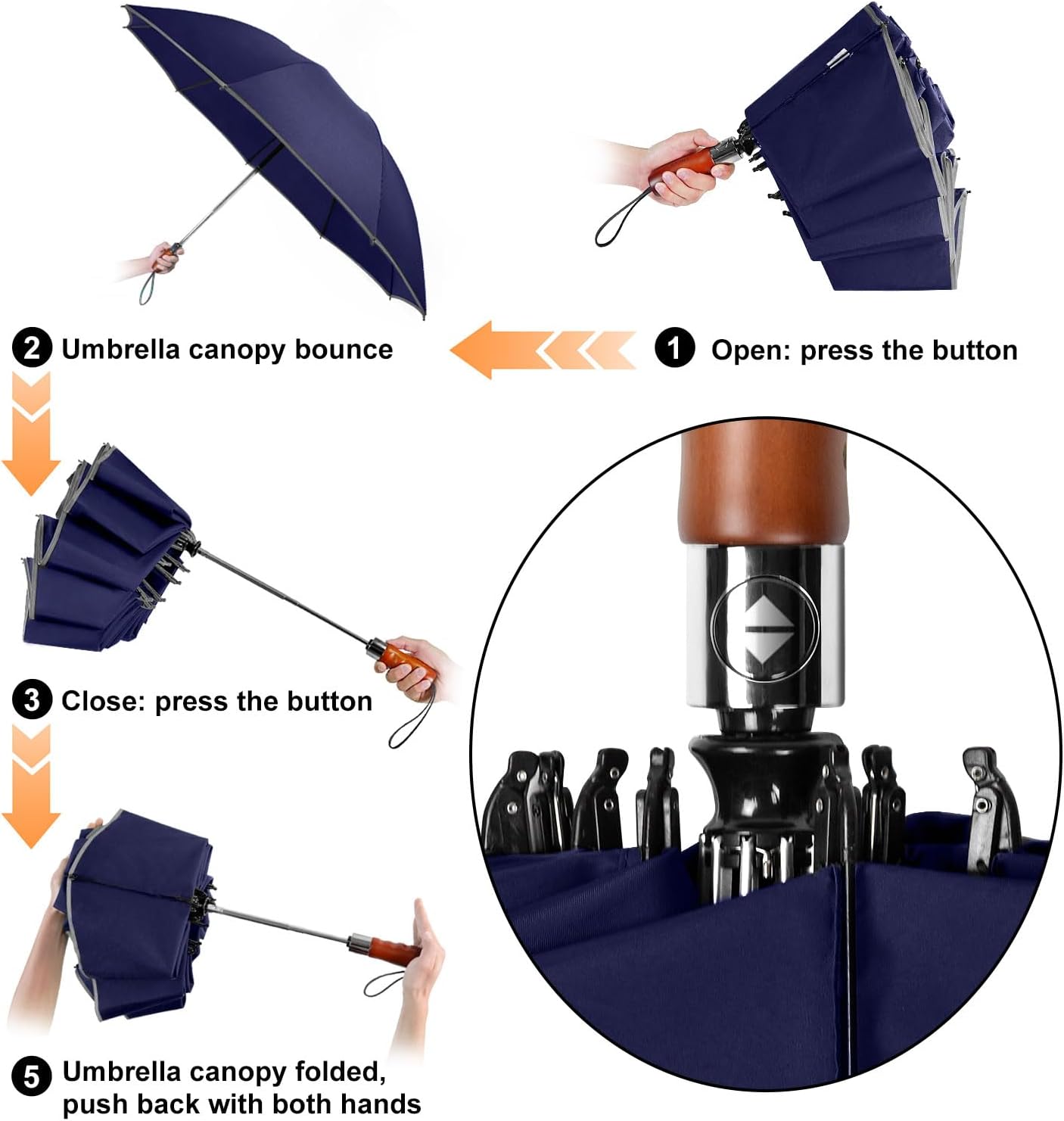 Lejorain Golf Large Inverted Umbrella - Black Big Windproof Heavy Duty Upside Down 46/50/54 Inch Compact Reverse Car Automatic Folding Reflective Umbrella