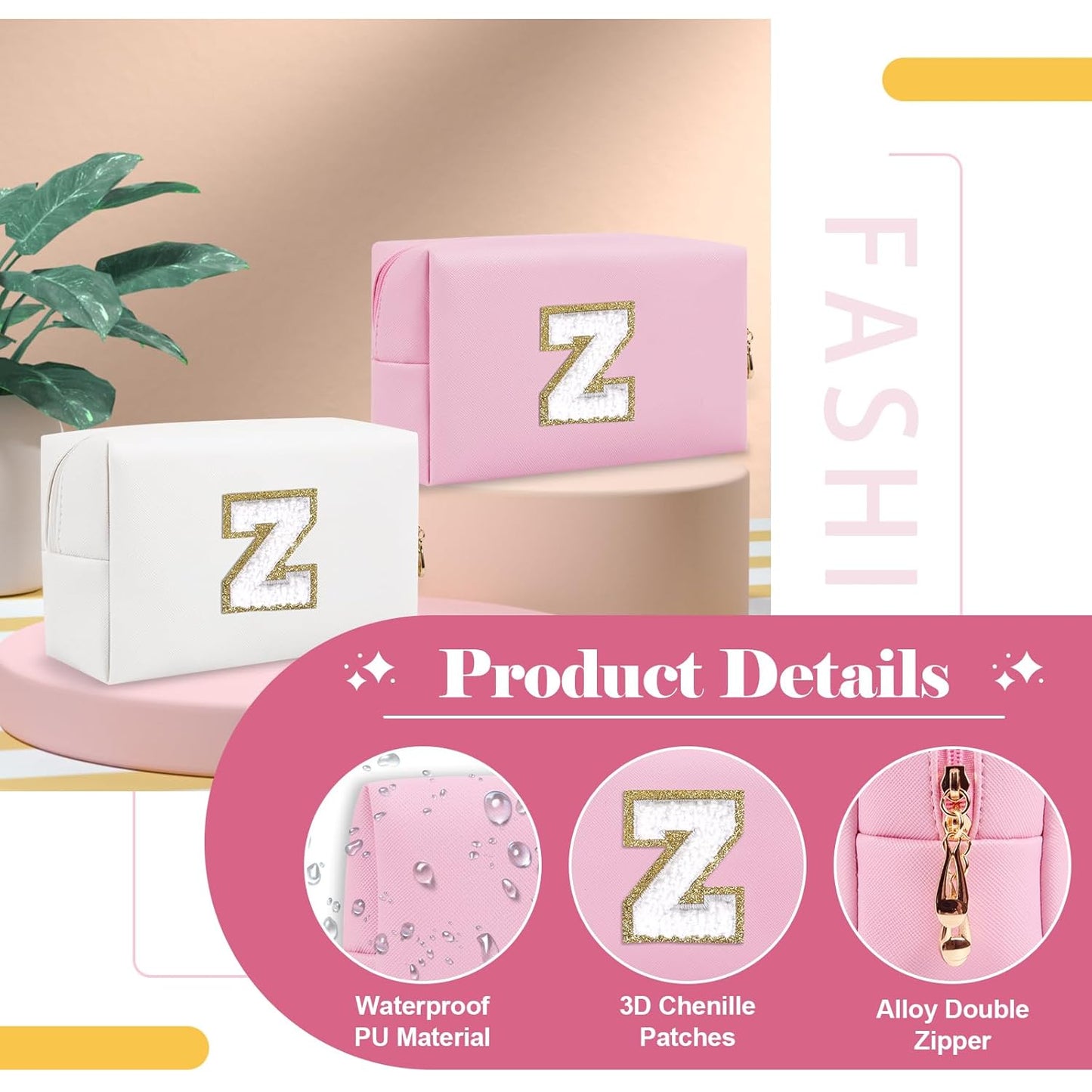 Personalized Initial A-Z Preppy Patch Makeup Bag,Small PU Chenille Letter Cosmetic Bag with Zipper for Teen Girls,Pink Cute Toiletry Organizer Bag,Monogram Makeup Case Gift for Women Girls,Letter Z