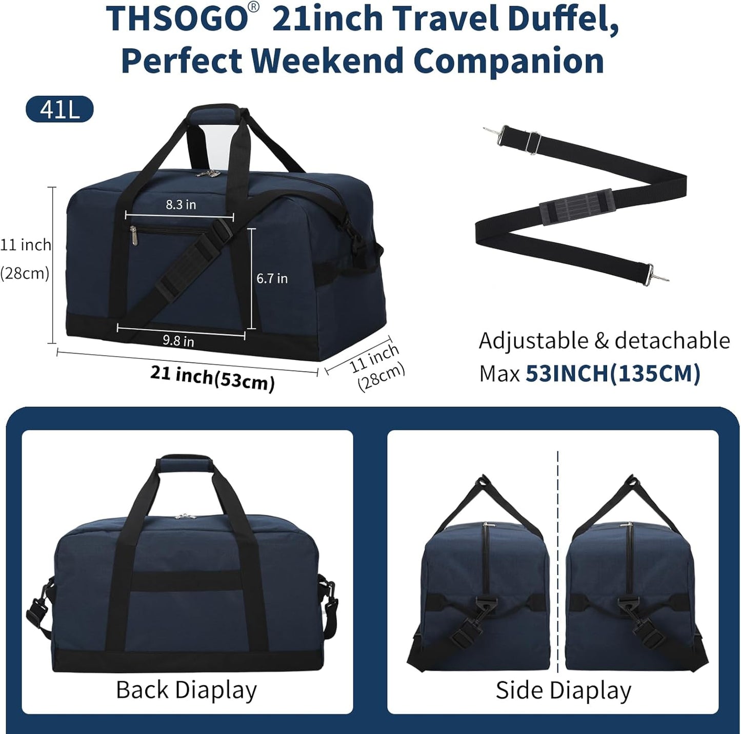 21 inch Gym Bag for Men - 40L Travel Duffel Bag Sport Duffle Bags for Weekend Overnight with Bottom Support (Navy Blue)