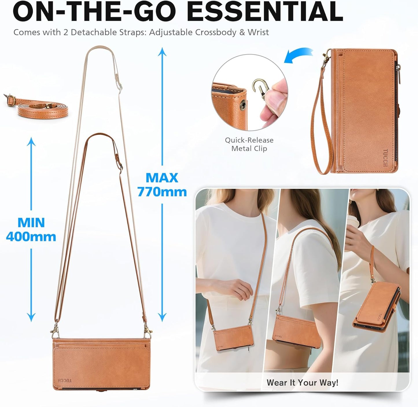 TUCCH Removable Crossbody Case Wallet for iPhone 17 (6.3-inch) 2025, Wireless Charging, RFID Blocking 9 Card Slots, Lanyard, Wrist Strap, Zipper Pocket, PU Leather, Stand Magnetic Cover, Light Brown