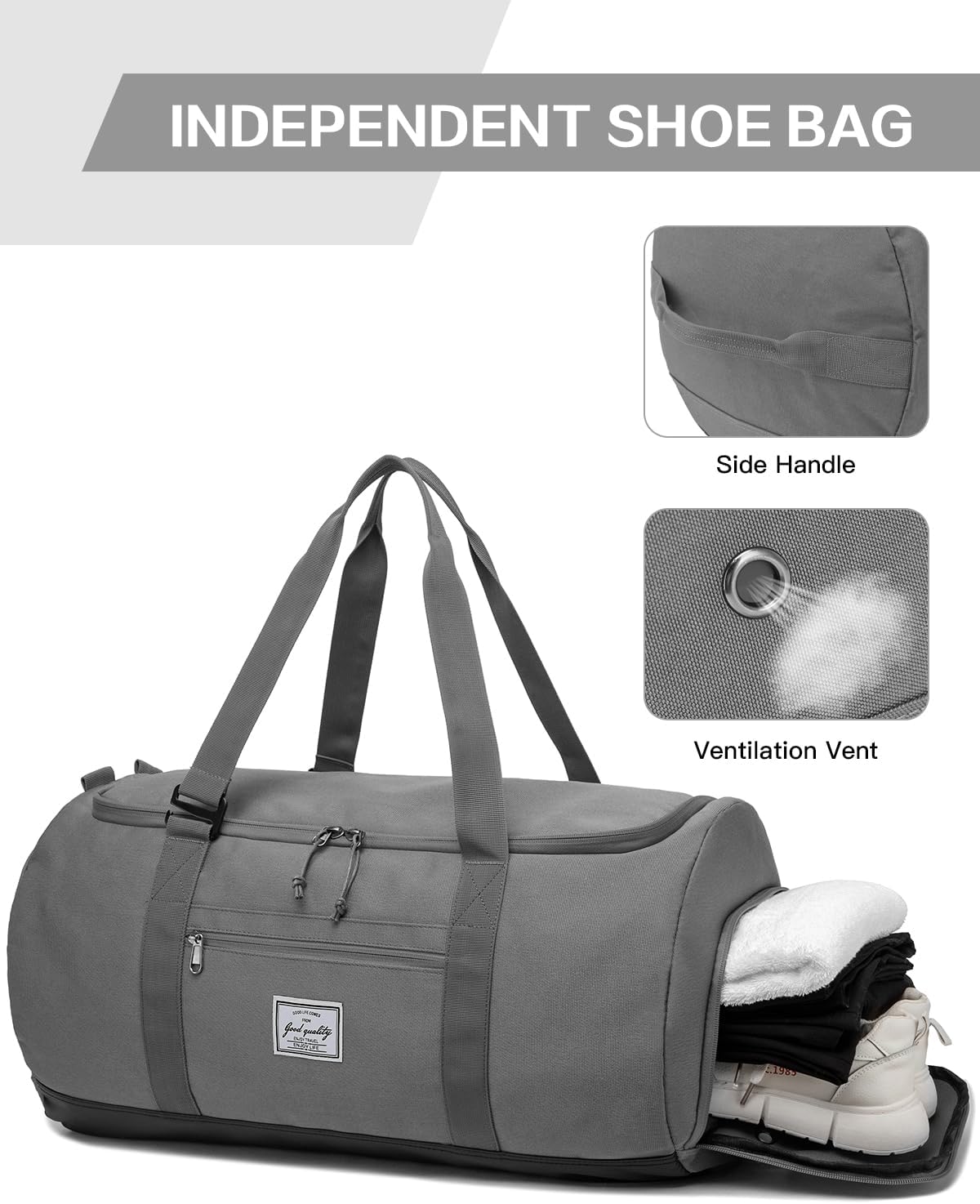 60L Large Gym Duffle Bag with Separate Shoe Compartment, Waterproof & Durable Duffel Bag for Men and Women - Convertible Backpack Design, Grey