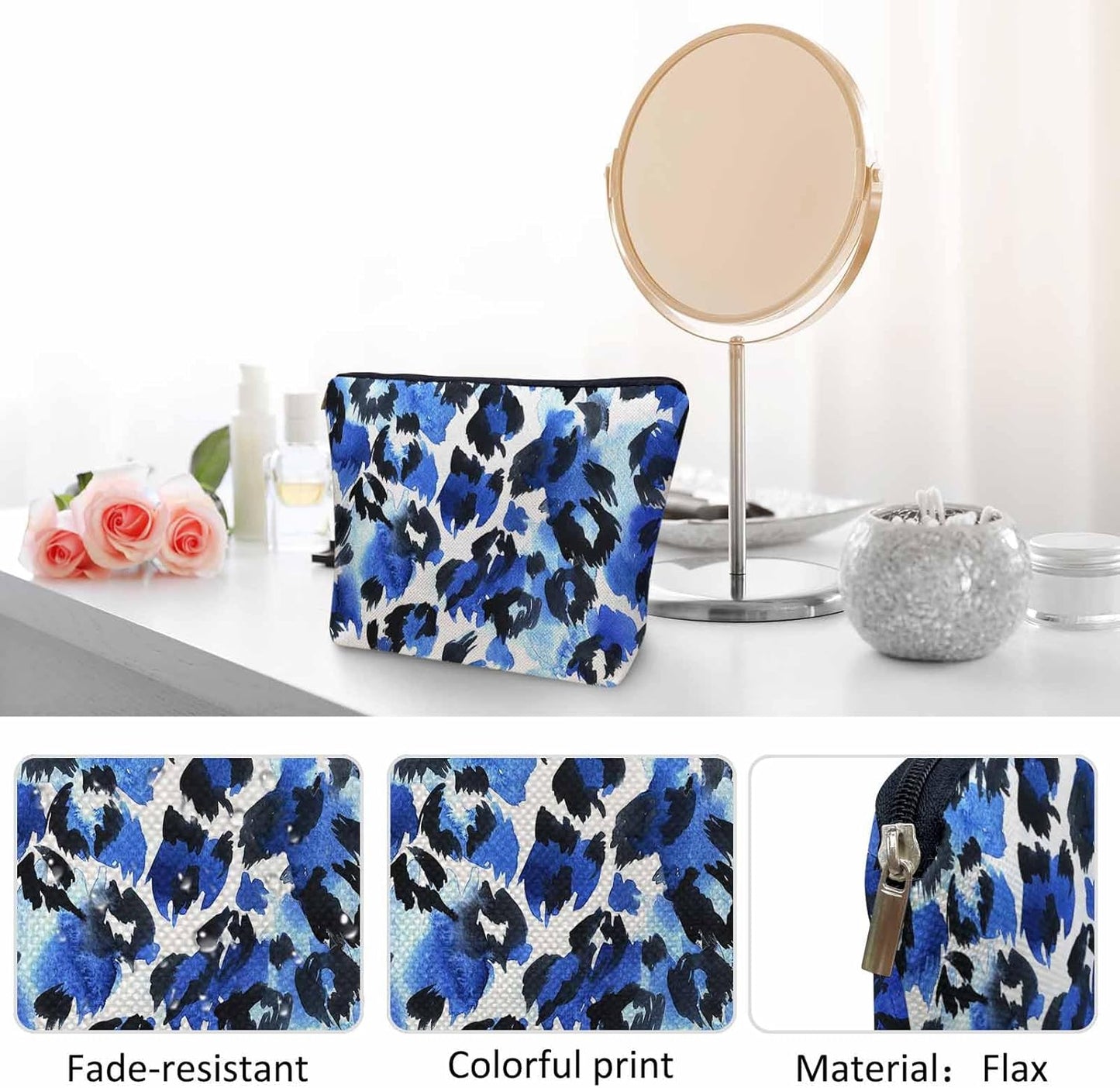 Leopard Print Makeup Bag For Women, Leopard Skin Adorable Cosmetic Bag Makeup Bags, Leopard Fur Zipper Bag Travel Bags Toiletry Organizers Pouch Bags Washing Bags For Gym Bathroom Blue Black