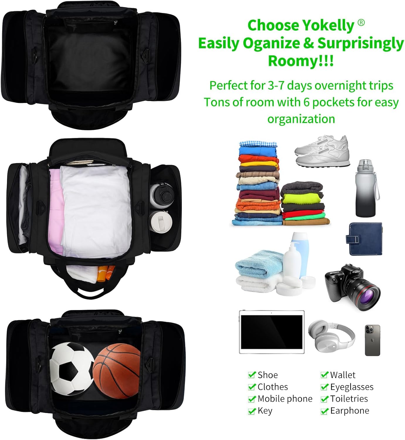 Gym Bag 22 inch Sport Duffle Bag for Men - 55L Weekender Duffel Bag for Travel - Black