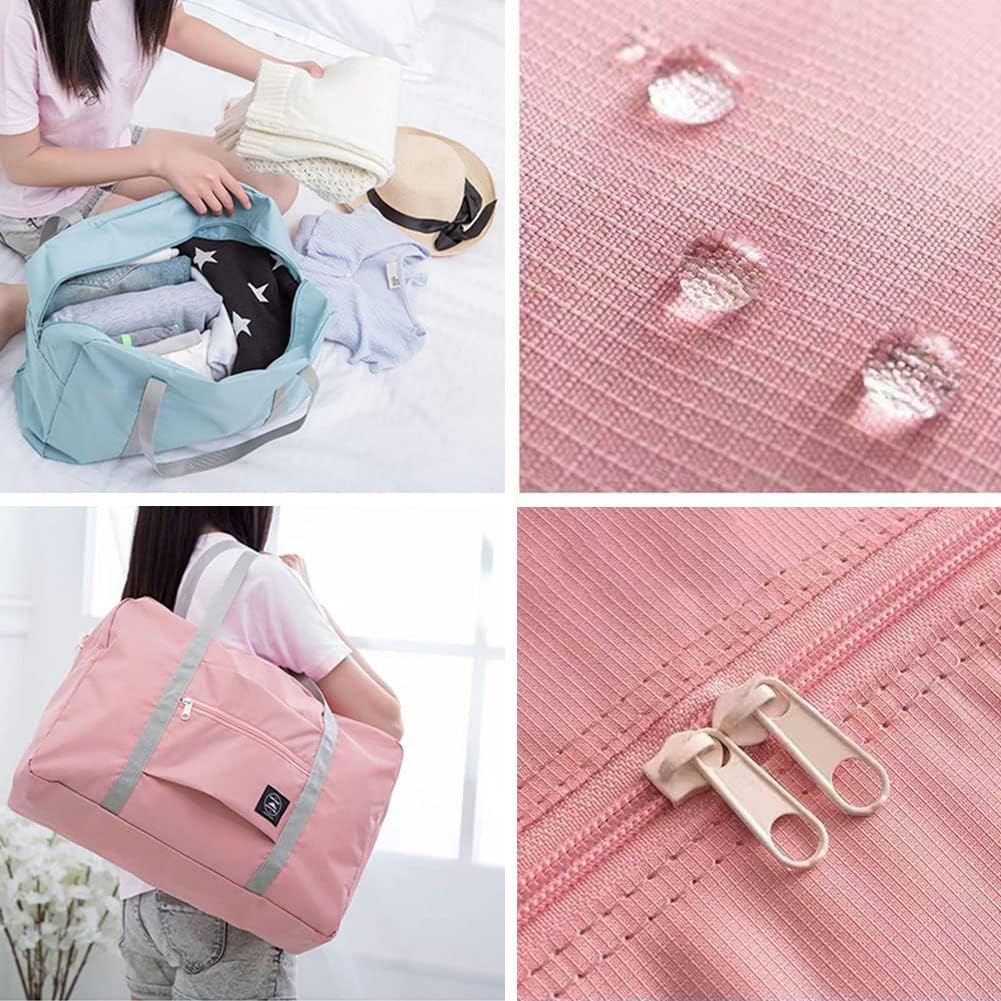 2 Pack Foldable Travel Bag Waterproof Travel Duffel Bag,Women Ladies Man Canvas Weekender Bag Overnight Carry-on Tote Duffel in Trolley Handle (Pink&Blue)…