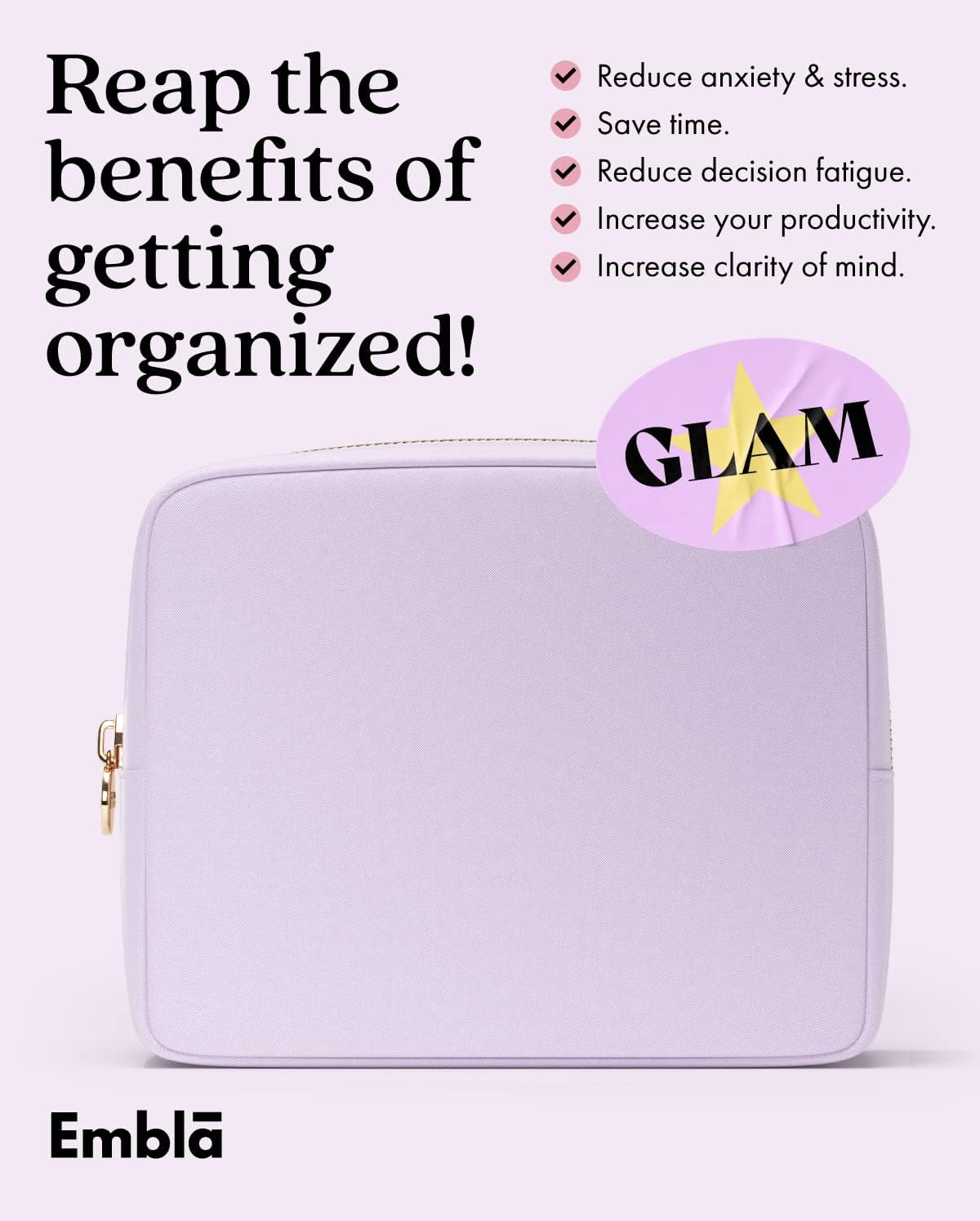 Embla Makeup Bag Travel Cosmetics Pouch and Toiletry Bag, Nylon Zipper Pouch Purse, Cute Make Up Organizer Storage Tote for Women Girls, Waterproof Travel Skincare Case, Large Makeup Bags, Lilac