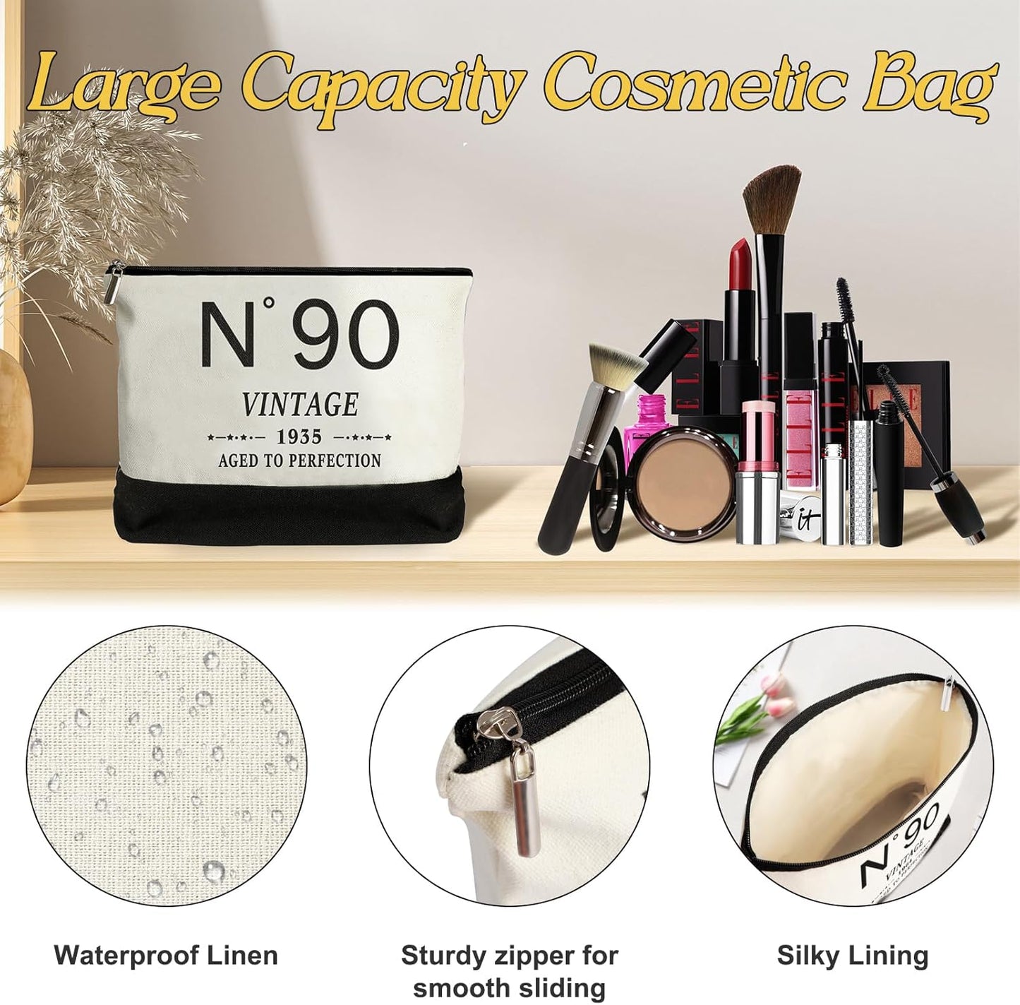 90th Birthday Gifts for Women Canvas Tote Bag Travel Gear, Unique 90 Years Old Gifts for Wife Sister Mom Aunt Friends Her, Vintage N°90 Handbag & Cosmetic Bag & Back in 1935 Poster