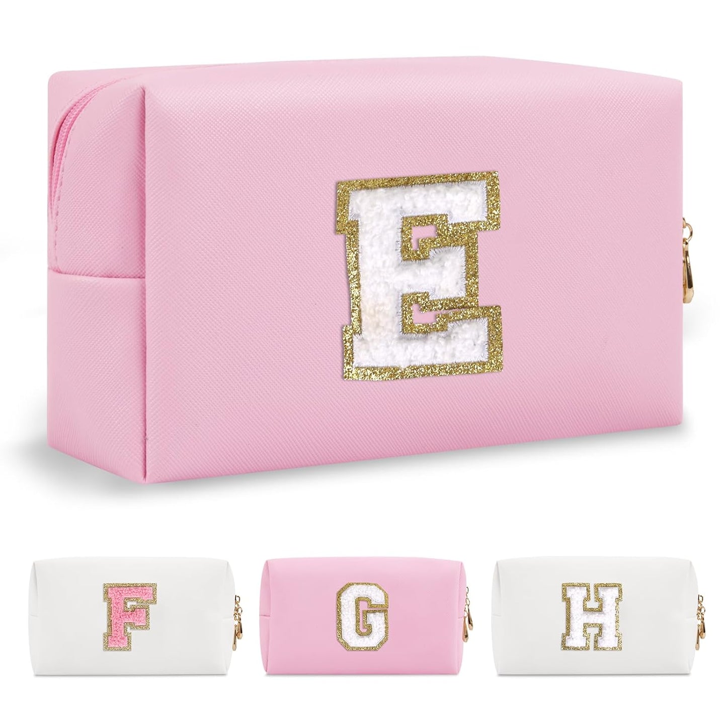 Personalized Initial A-Z Preppy Patch Makeup Bag,Small PU Chenille Letter Cosmetic Bag with Zipper for Teen Girls,Pink Cute Toiletry Organizer Bag,Monogram Makeup Case Gift for Women Girls,Letter E