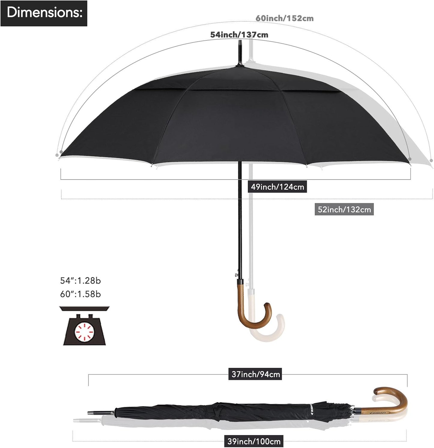 ZEKAR Wooden J-Handle Umbrella, 54/60 / 68 inch, Classic Versions, Large Windproof Stick Umbrella, Auto Open for Men and Women (Black, 60”-pack of 2)