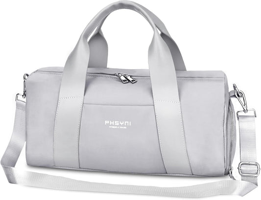 Compact Sports Gym Bag for Women and Men, Cute Mini Duffle Bag with Wet Pocket & Shoes Compartment, Personal Item Travel Workout Bag, 16"-Small, Grey