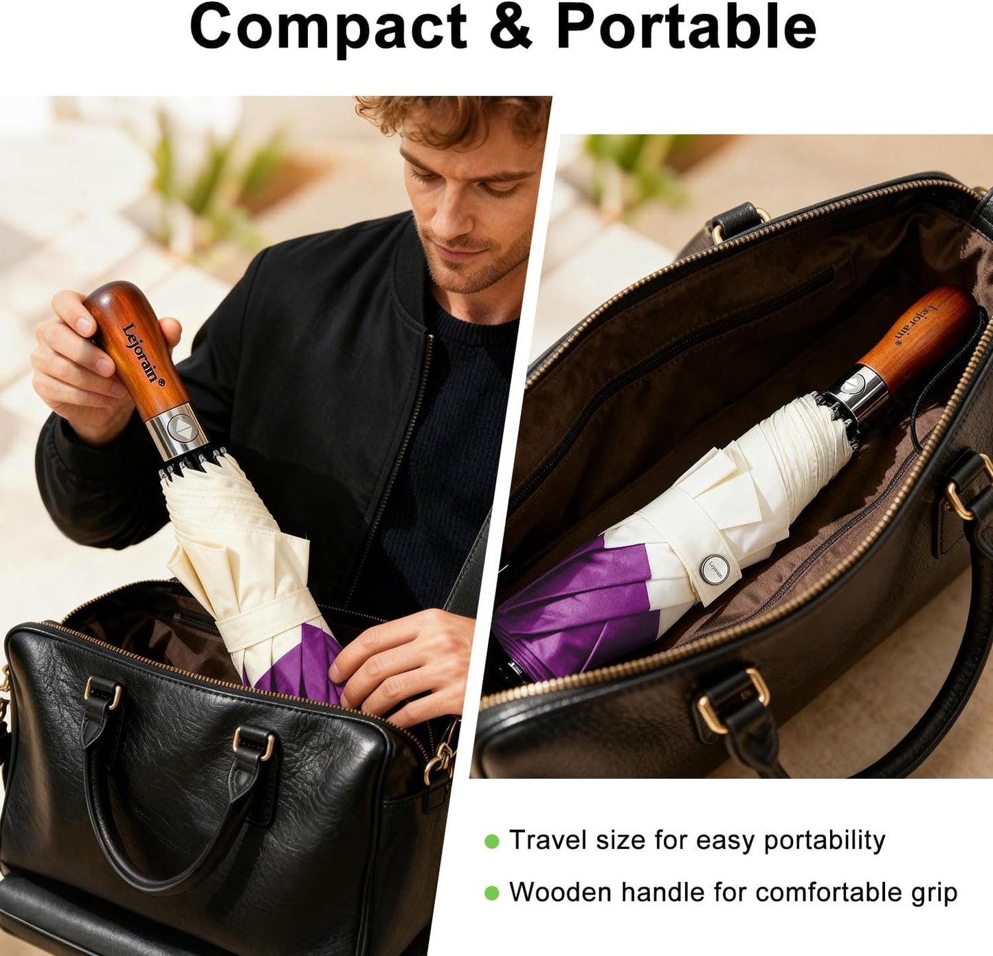 Lejorain Compact Golf Umbrella Large - 54inch Travel Big Portable Automatic Folding Umbrella Windproof for Men Heavy Duty 210T Dupont Teflon Coated Umbrella for Rain