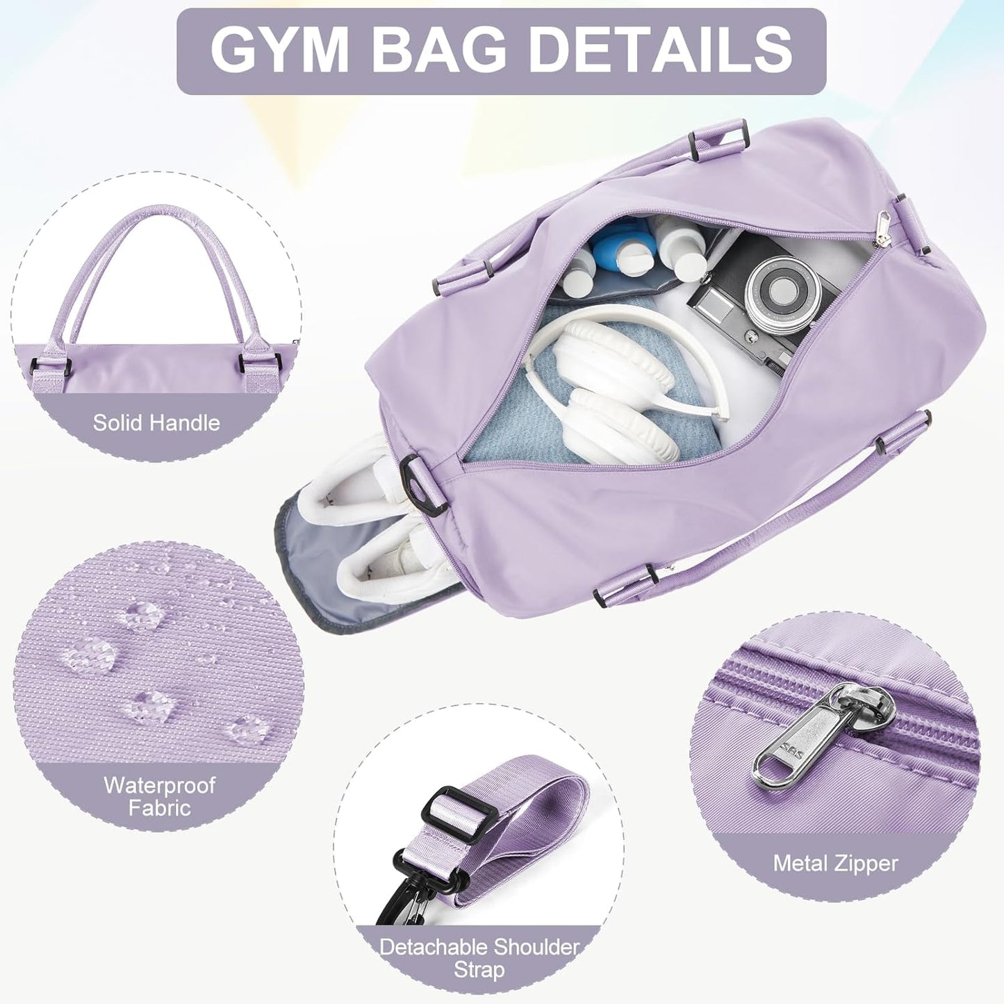 Gym Bag for Women Men with Shoes Compartment,Sports Duffle Bag Personal item travel Duffel Bags Tote Bag Small Carry on Weekender Overnight Bag Workout Dance Bag Hospital Holdalls Light Purple
