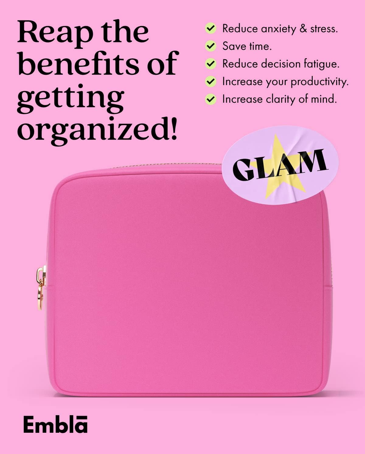 Embla Makeup Bag Travel Cosmetics Pouch and Toiletry Bag, Nylon Zipper Pouch Purse, Cute Make Up Organizer Storage Tote for Women Girls, Travel Skincare Case, Large Makeup Bags, Bubblegum