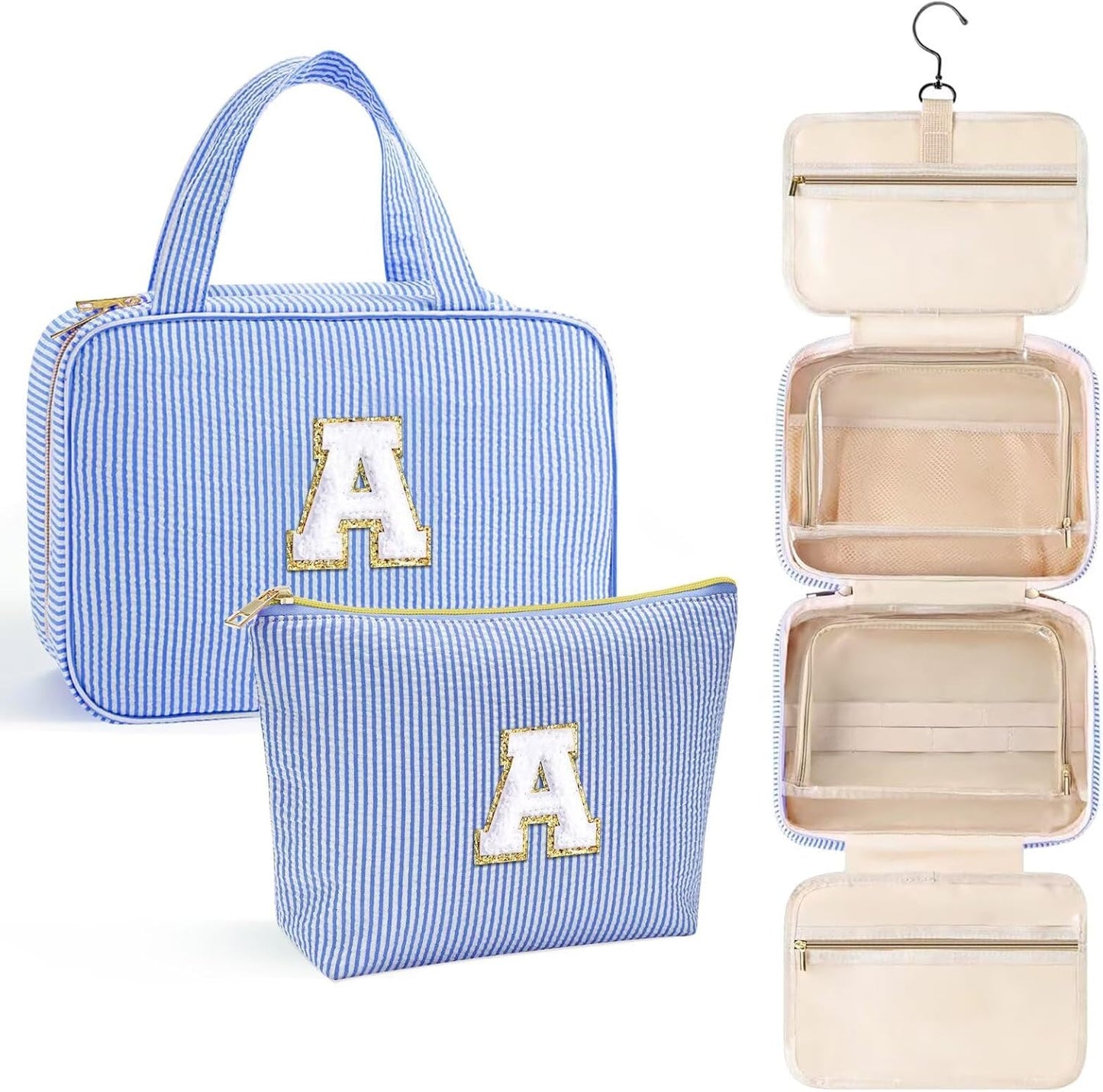 YOOLIFE Hanging Toiletry Bag Makeup Bag for Women Girls, Initial Toiletry Bag Cosmetic Bag, Personalized Birthday Gifts for Women Teen Girls, Letter A, Blue