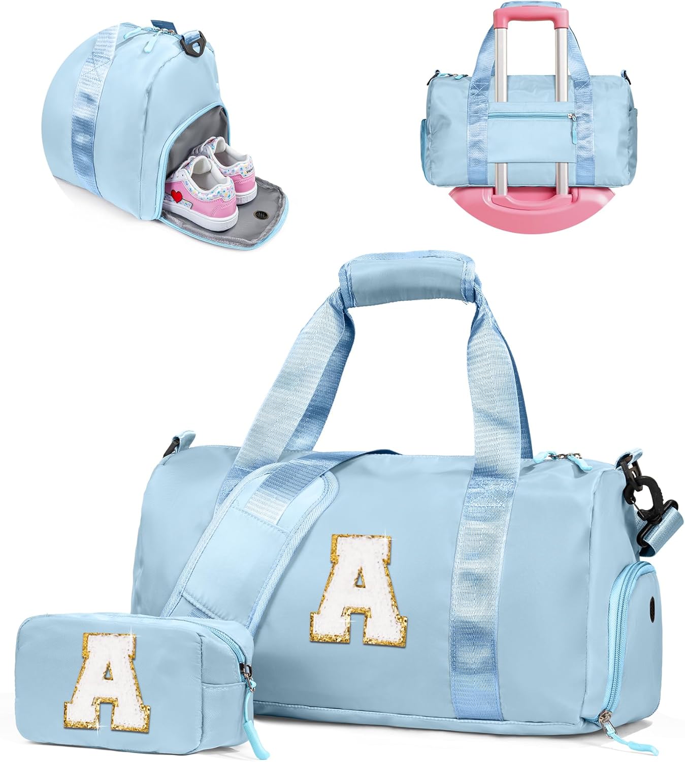 Birthday Gift for Daughter-Girl Gym Bag with Shoe Compartment, Kid Personalized Weekender Ballet Bags, Initial Travel Tote with Makeup Pouch, Girls Cheer Up Gifts (Letter A)