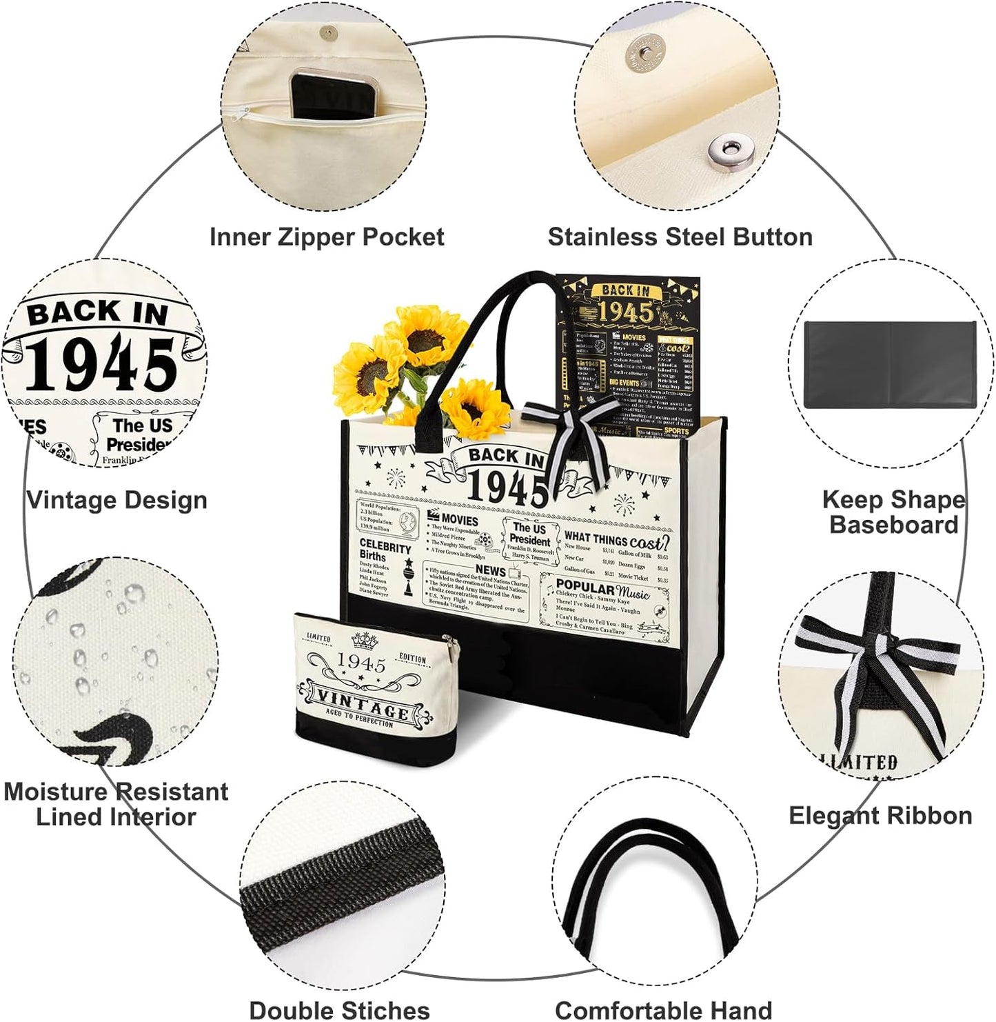 80th Birthday Gifts for Women Canvas Tote Bag Travel Gear, Unique 80 Years Old Birthday Gifts for Mom Wife Aunt Friends Her, Vintage 1945 Handbag & Cosmetic Bag & Back in 1945 Poster