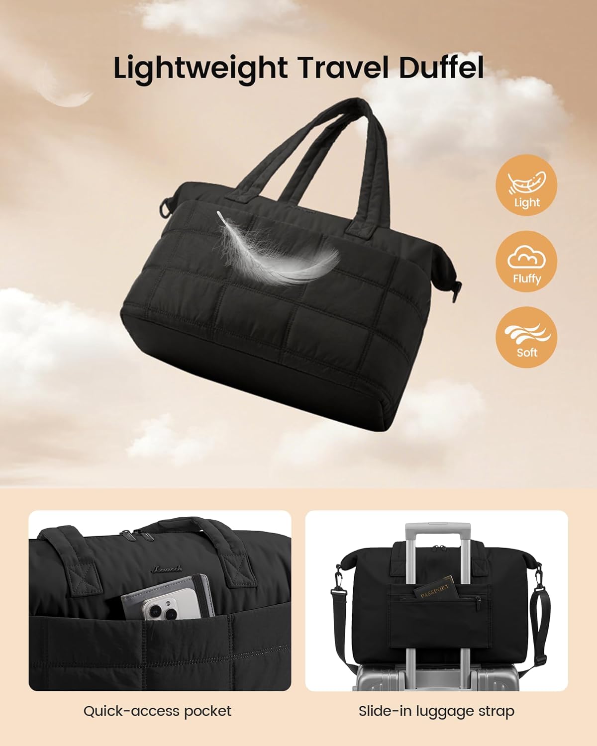 LOVEVOOK Quilted Duffle Bag for Travel,36L Gym Bag for Women with Wet Pocket,Water Resistant Weekender Overnight Bag Tote Bag for Women with Laptop Compartment(Black)