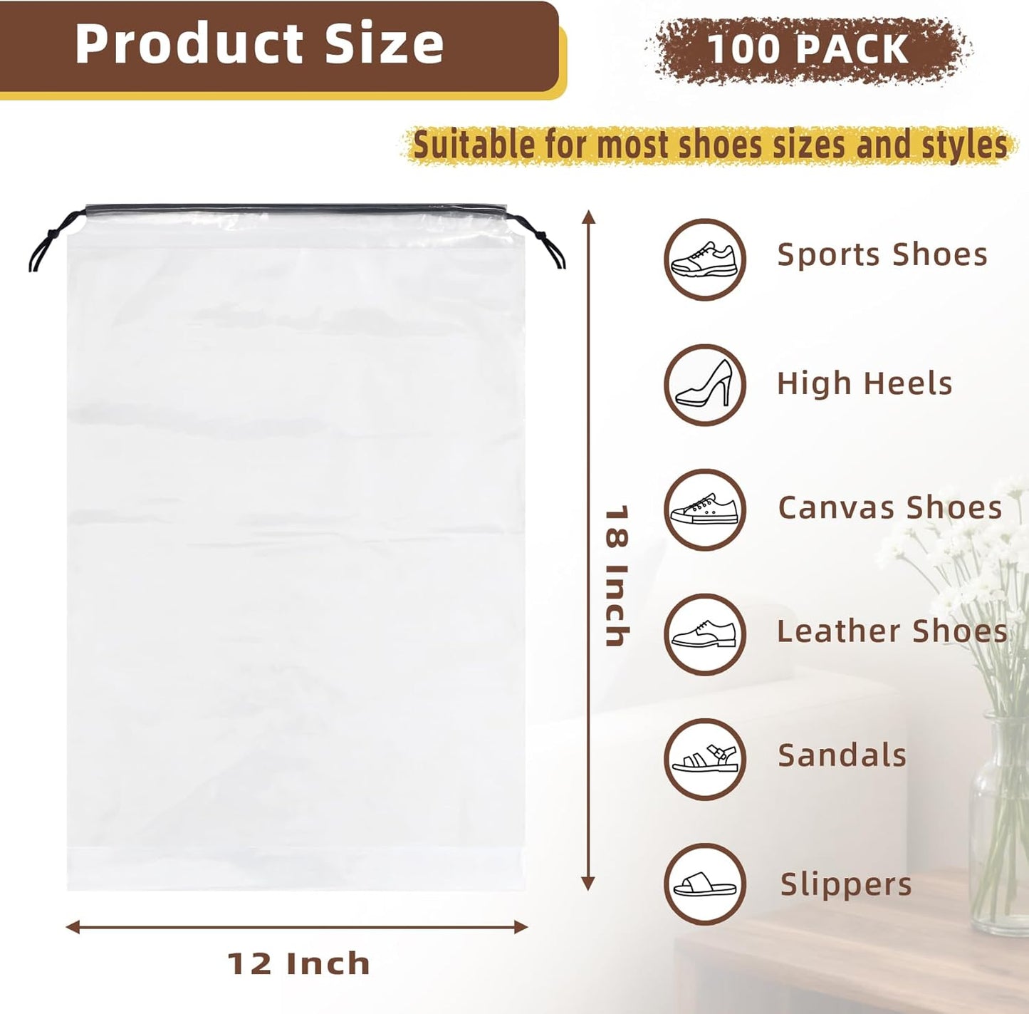 100 Pack Clear Shoe Bags for Travel, 12"x18" Large Travel Shoe Bags for Storage and Packing, Waterproof Drawstring Shoe Bag for Traveling, Bulk Travel Essentials for Men and Women