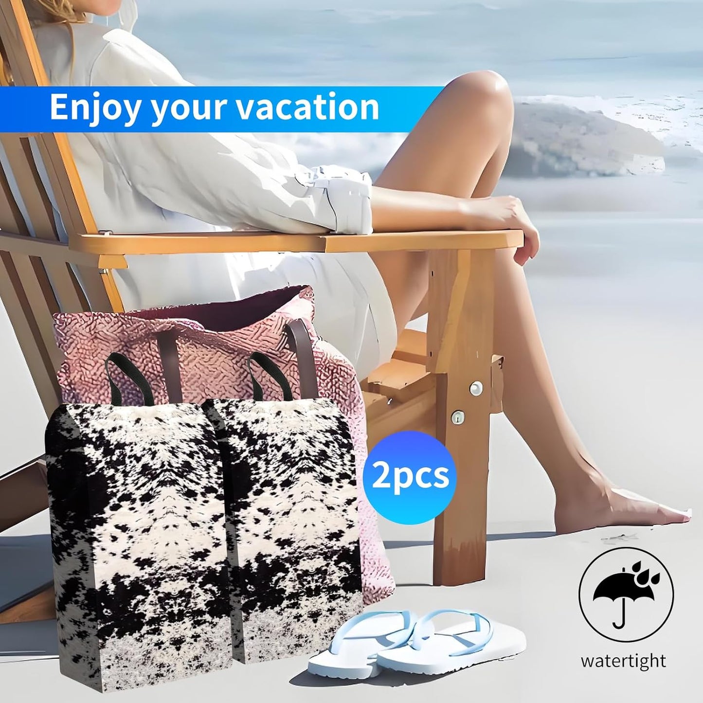 2pcs Shoe Organizer for Travel, Packing Shoe Travel Bags, Cute Shoe Bag with Zipper & Handle, Portable Travel Essentials for Women and Men Black White Cowhide