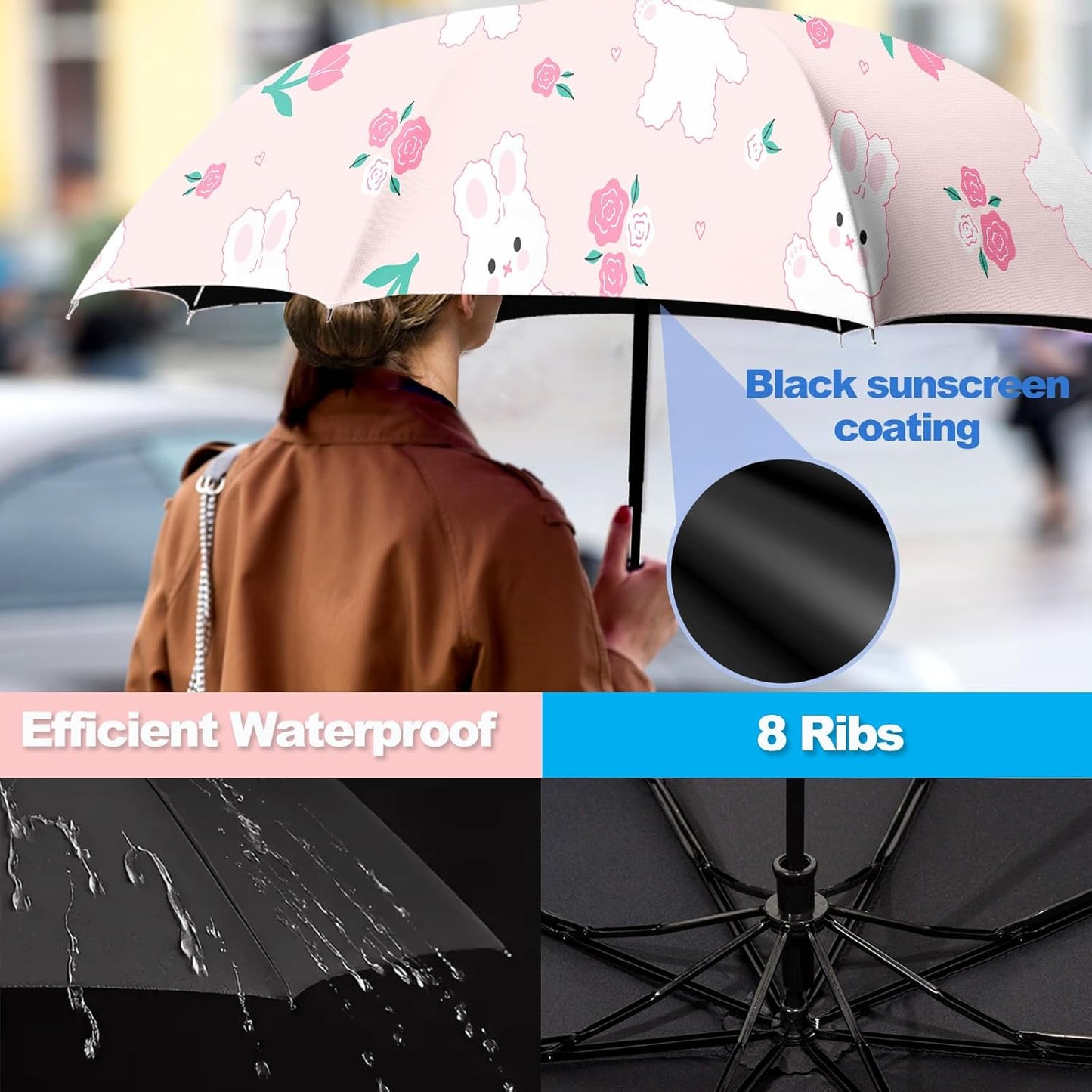 Small Travel Folding Umbrella for Girl, Portable, UV, SunShade, Compact, Automatic, Rain & Wind