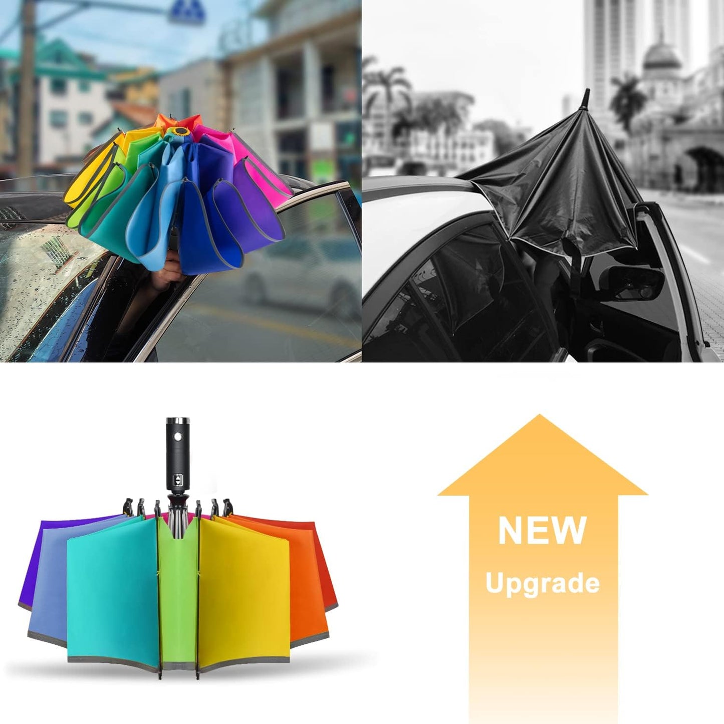 Lejorain Inverted Rainbow LED Umbrella - Folding Reverse Automatic Travel Umbrellas Compact for Rain Windproof Women - Portable Upside Down Collapsible Reflective Umbrella